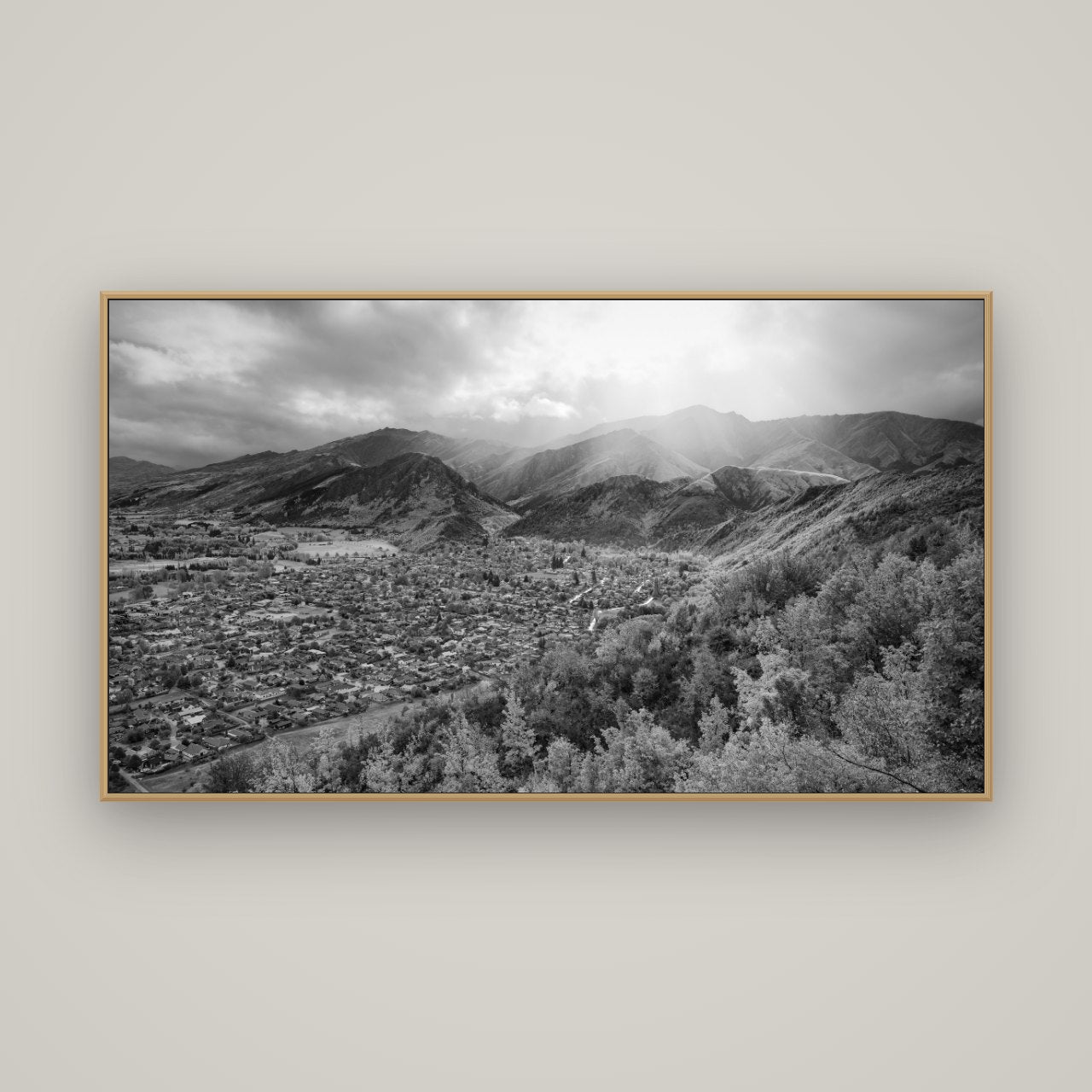 Light Over the Valley, Arrowtown, Basel Natural Oak, 160×90 cm. New Zealand fine art wall art by Stephen Milner.