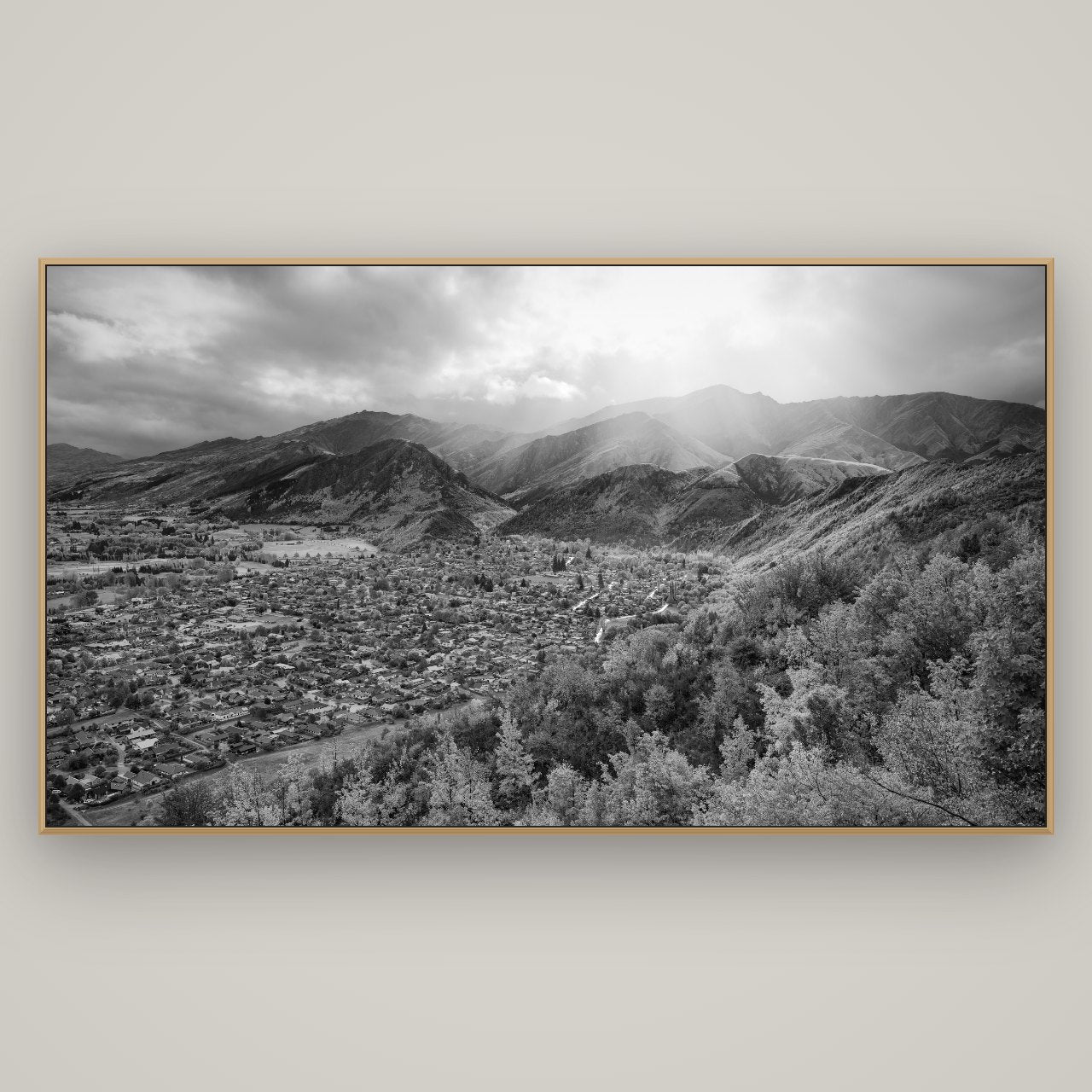 Light Over the Valley, Arrowtown, Basel Natural Oak, 196×110 cm. New Zealand fine art wall art by Stephen Milner.