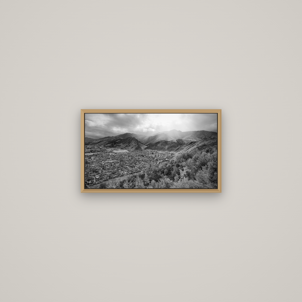 Light Over the Valley, Arrowtown, Basel Natural Oak, 53×30 cm. New Zealand fine art wall art by Stephen Milner.