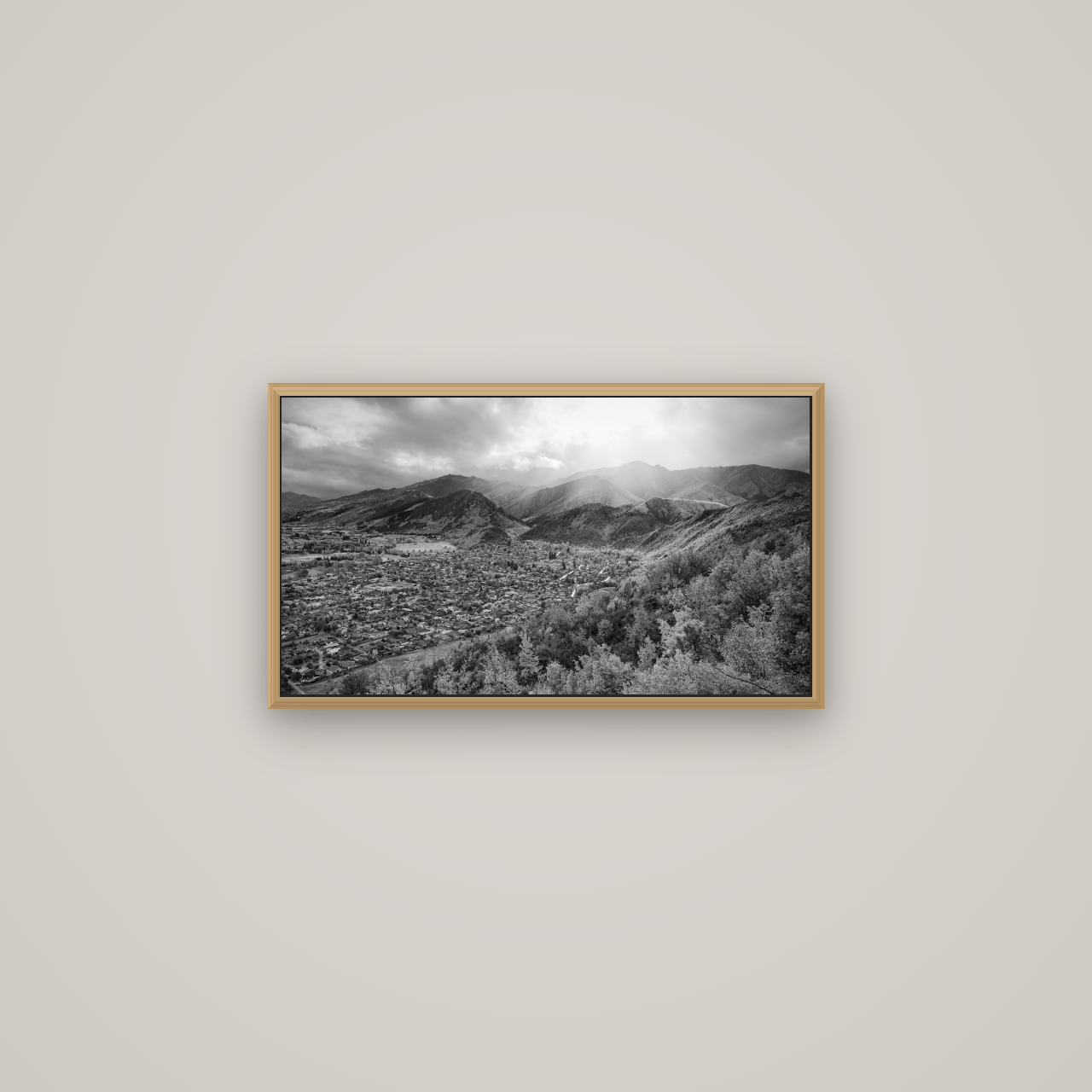 Light Over the Valley, Arrowtown, Basel Natural Oak, 64×36 cm. New Zealand fine art wall art by Stephen Milner.