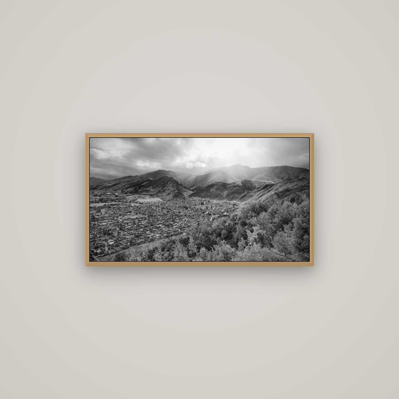Light Over the Valley, Arrowtown, Basel Natural Oak, 80×45 cm. New Zealand fine art wall art by Stephen Milner.