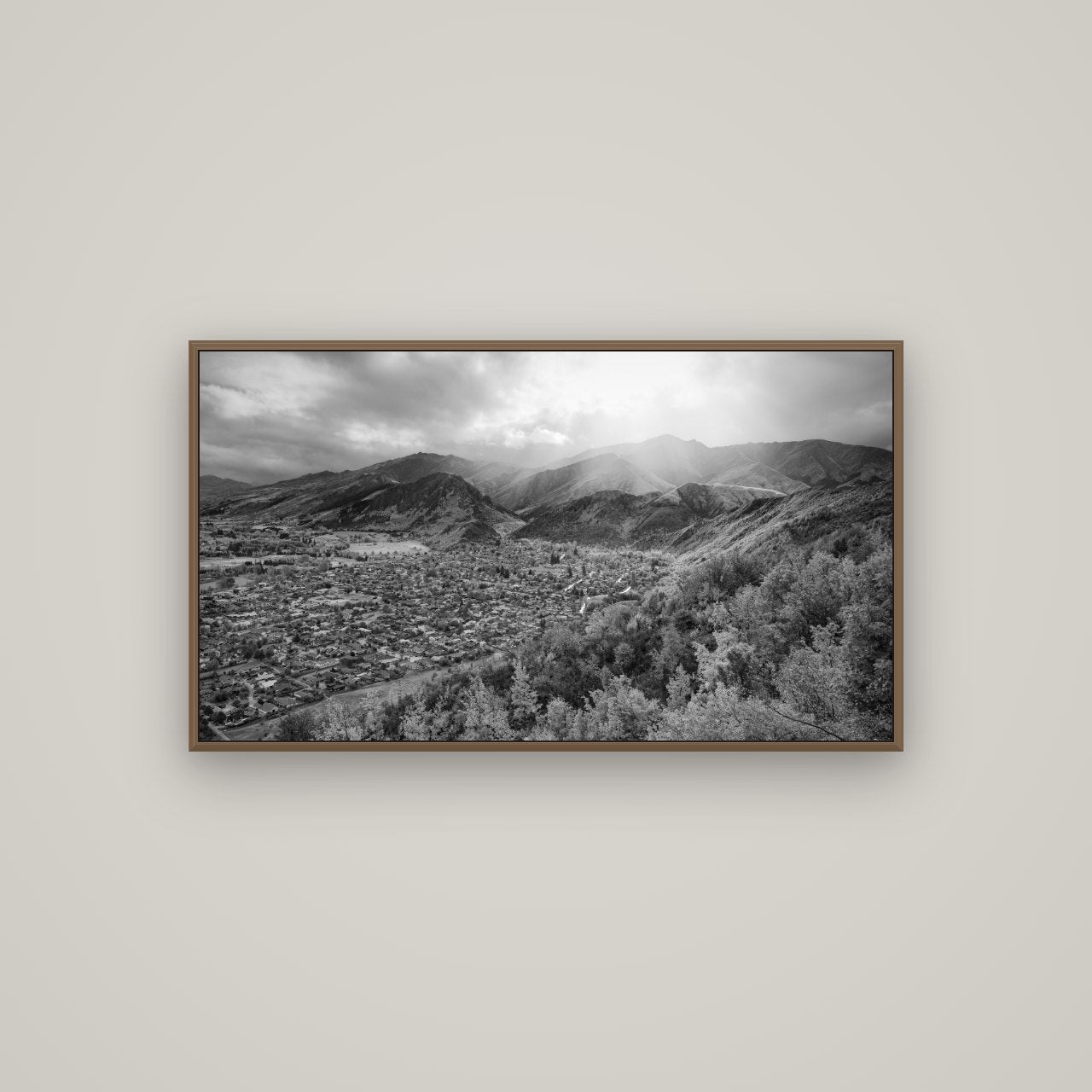 Light Over the Valley, Arrowtown, Basel Walnut, 107×60 cm. New Zealand fine art wall art by Stephen Milner.