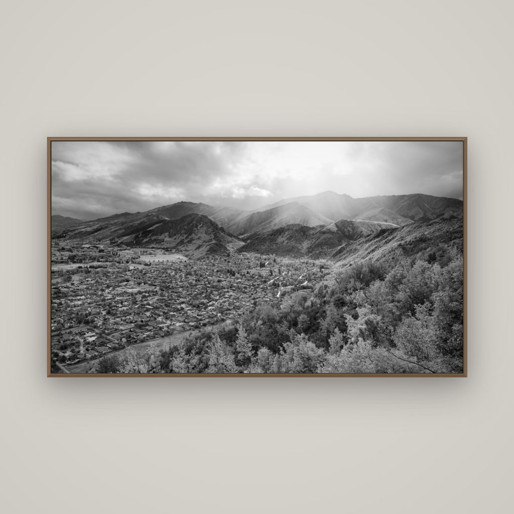 Light Over the Valley, Arrowtown, Basel Walnut, 160×90 cm. New Zealand fine art wall art by Stephen Milner.
