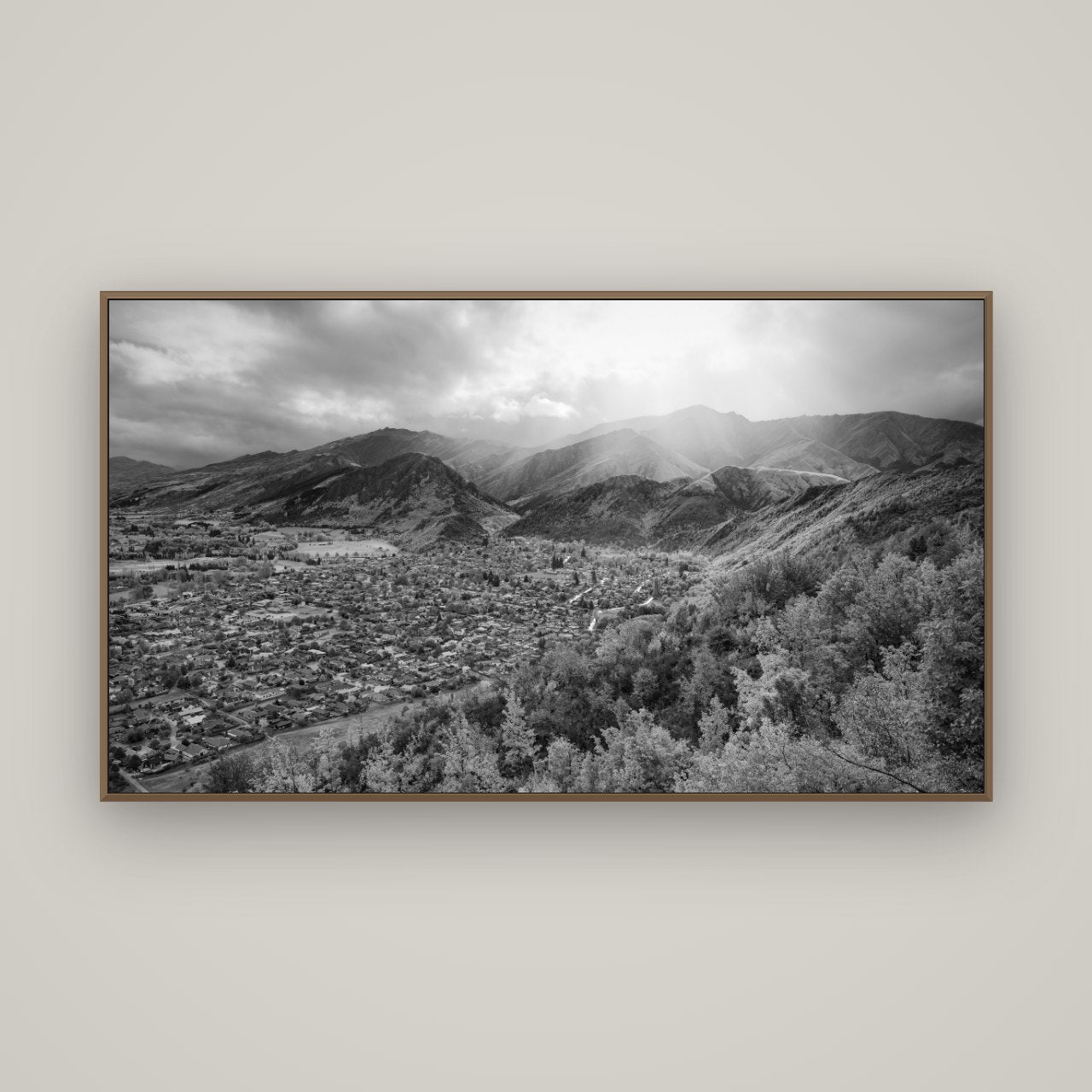 Light Over the Valley, Arrowtown, Basel Walnut, 160×90 cm. New Zealand fine art wall art by Stephen Milner.