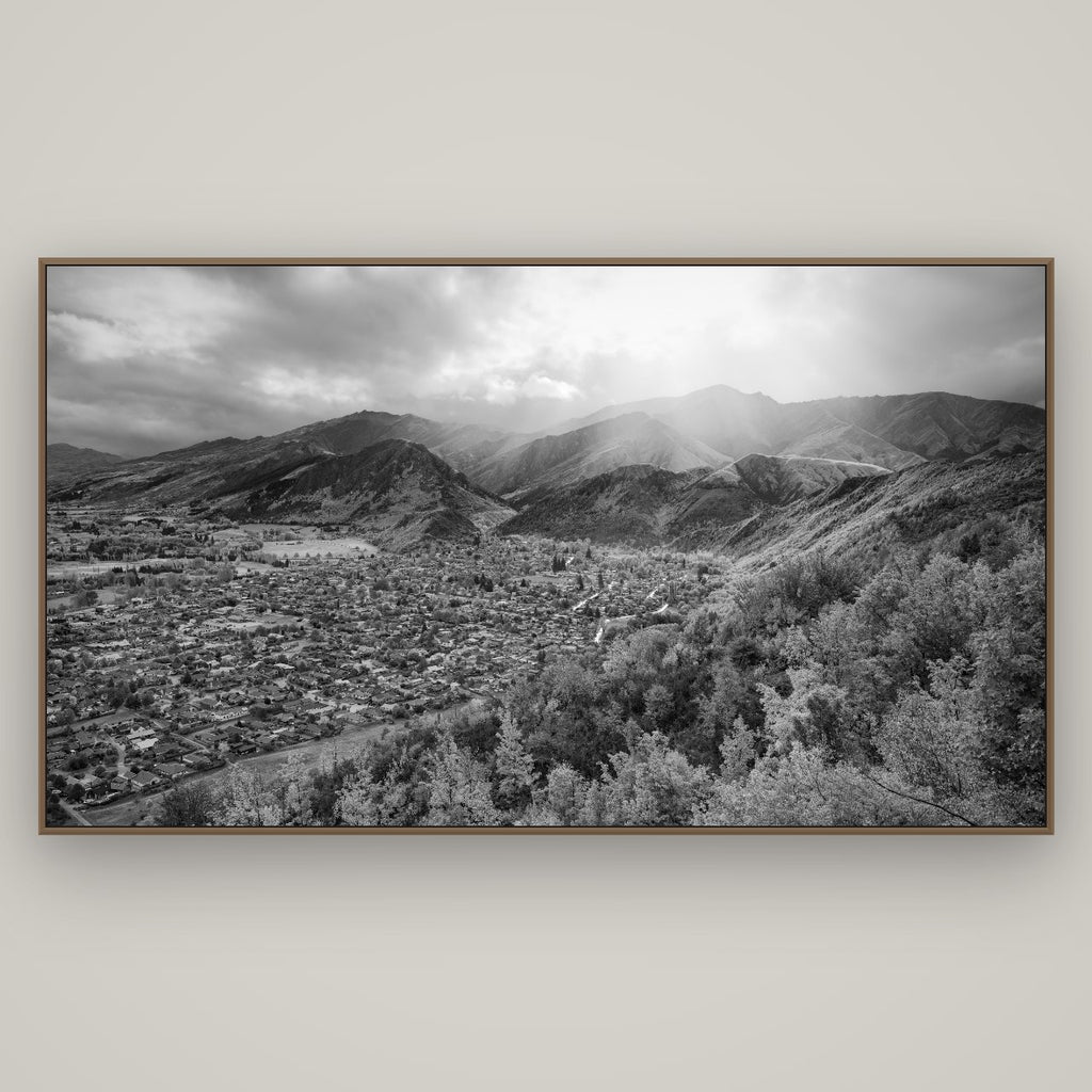 Light Over the Valley, Arrowtown, Basel Walnut, 196×110 cm. New Zealand fine art wall art by Stephen Milner.