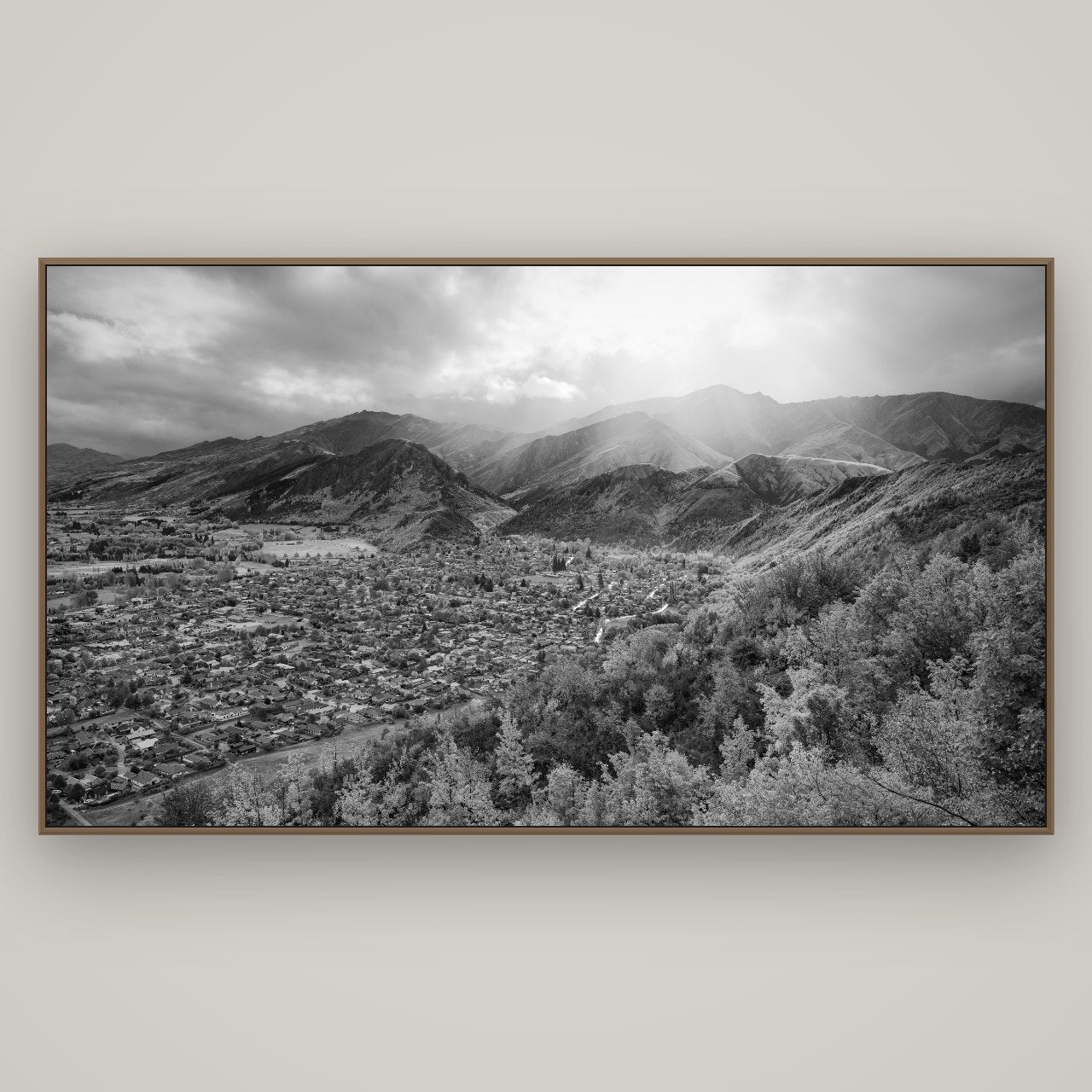 Light Over the Valley, Arrowtown, Basel Walnut, 196×110 cm. New Zealand fine art wall art by Stephen Milner.