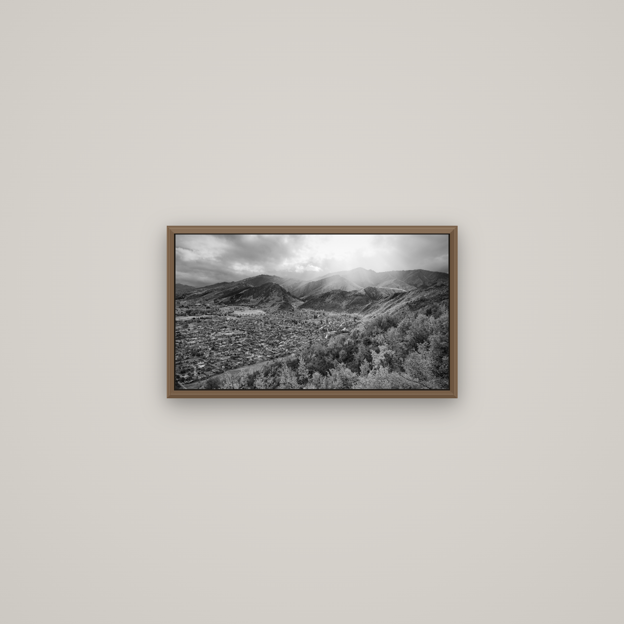 Light Over the Valley, Arrowtown, Basel Walnut, 53×30 cm. New Zealand fine art wall art by Stephen Milner.