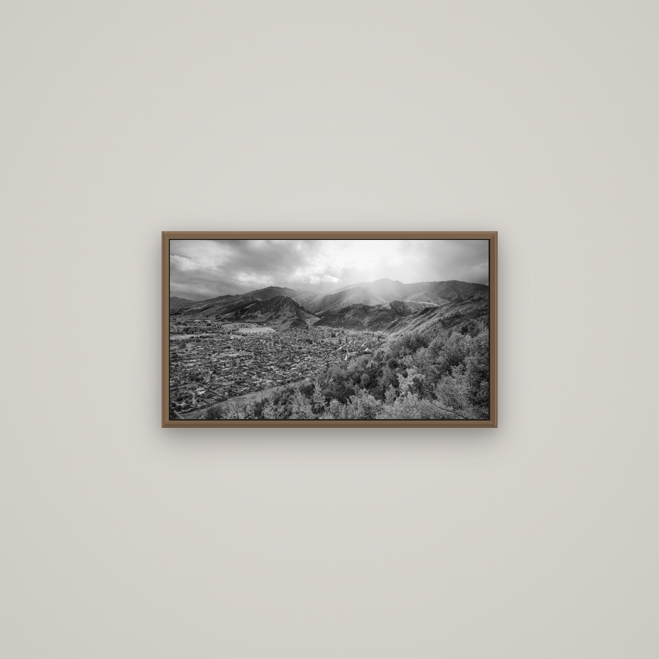 Light Over the Valley, Arrowtown, Basel Walnut, 64×36 cm. New Zealand fine art wall art by Stephen Milner.