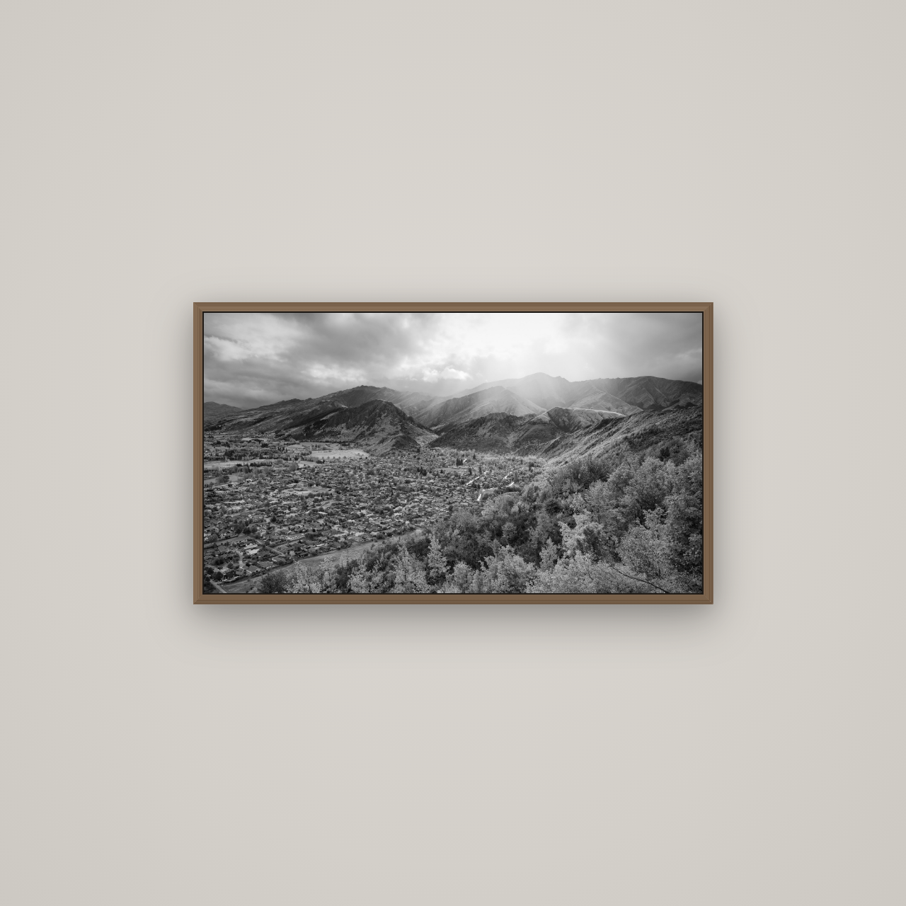 Light Over the Valley, Arrowtown, Basel Walnut, 80×45 cm. New Zealand fine art wall art by Stephen Milner.