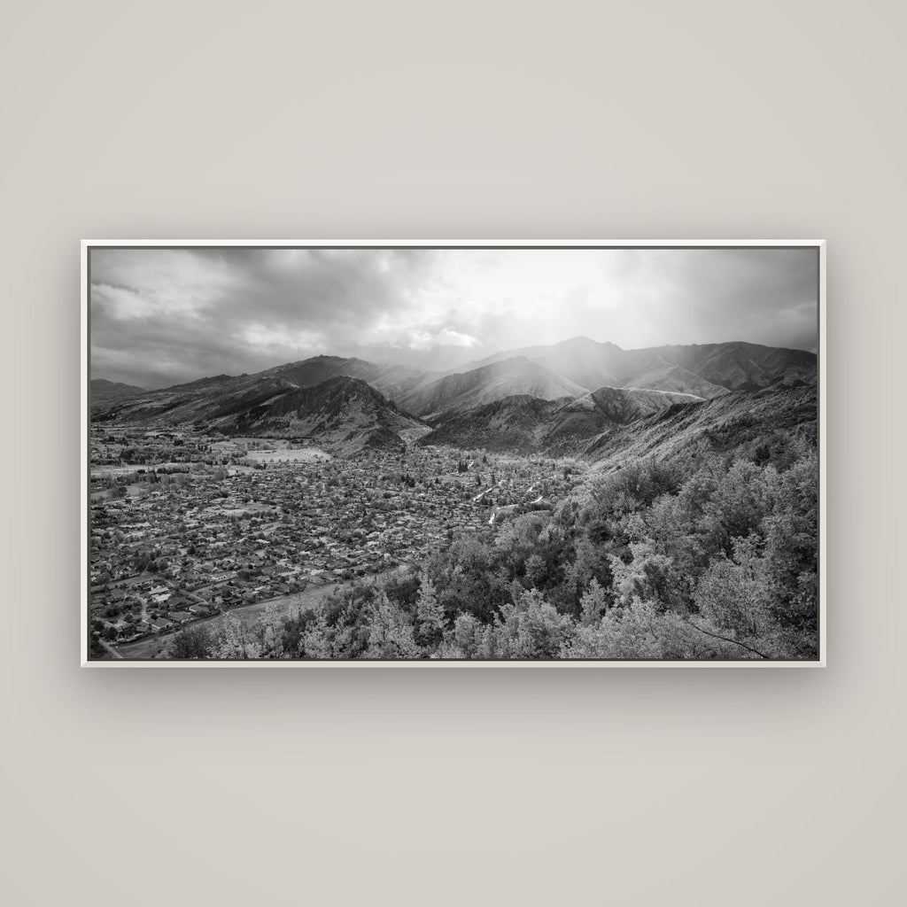 Light Over the Valley, Arrowtown — Basel White, 160×90 cm. New Zealand fine art wall art by Stephen Milner.