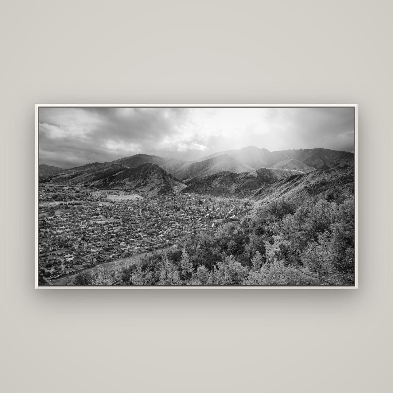 Light Over the Valley, Arrowtown — Basel White, 160×90 cm. New Zealand fine art wall art by Stephen Milner.
