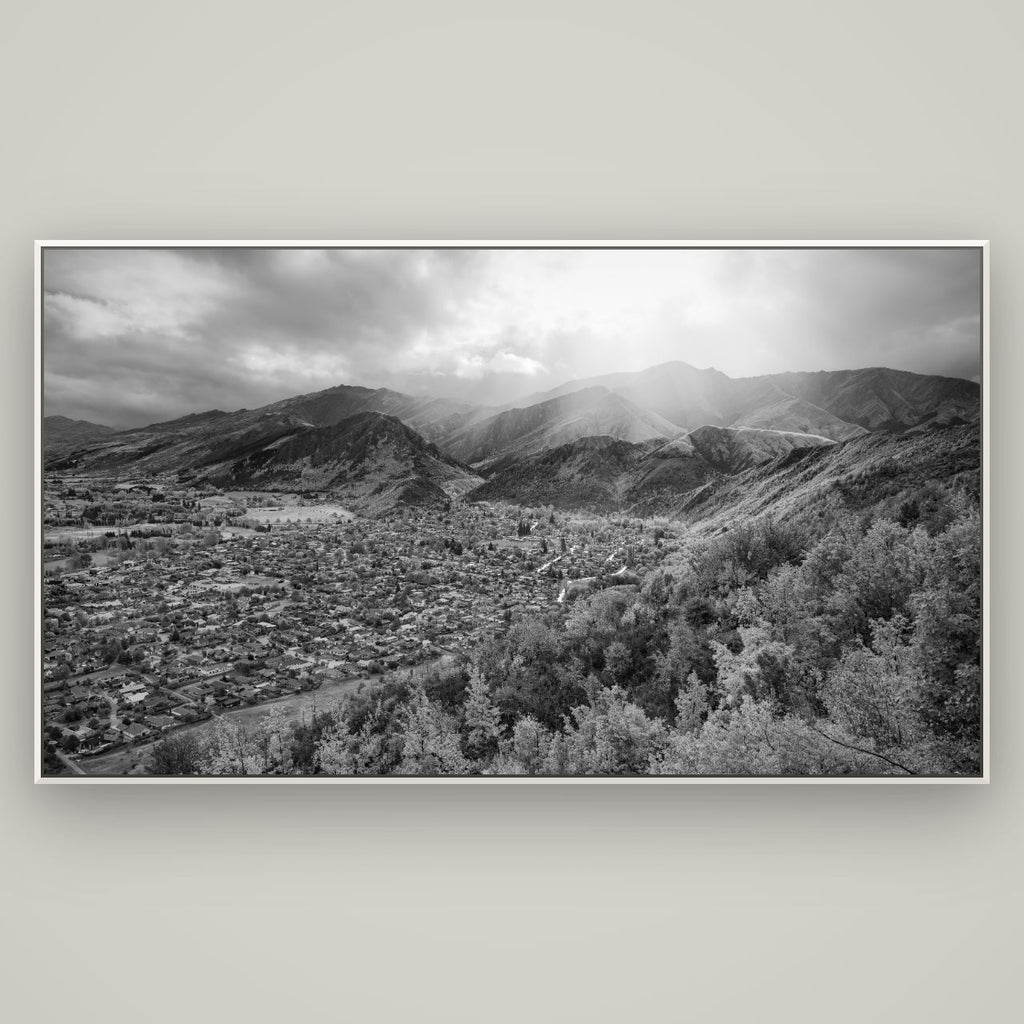 Light Over the Valley, Arrowtown — Basel White, 196×110 cm. New Zealand fine art wall art by Stephen Milner.