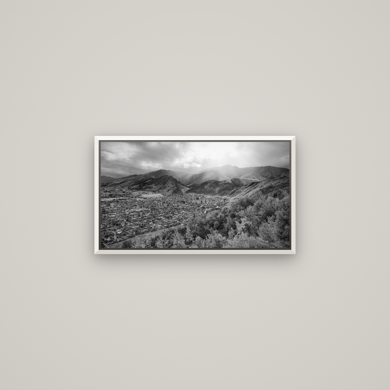 Light Over the Valley, Arrowtown — Basel White, 64×36 cm. New Zealand fine art wall art by Stephen Milner.