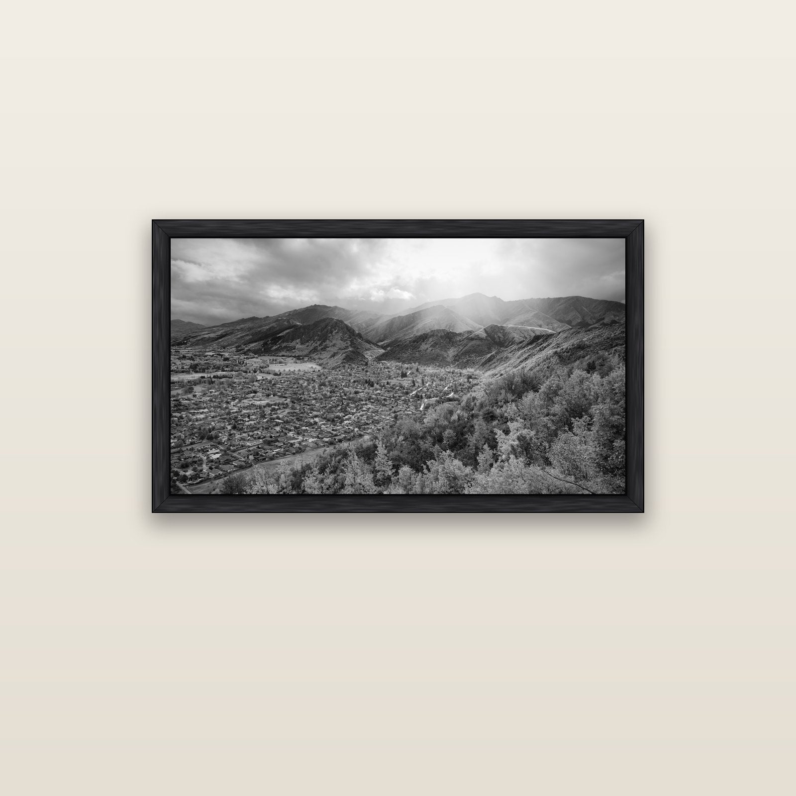 Light Over the Valley, Arrowtown — black float frame canvas, 102 × 56 cm. New Zealand fine art landscape wall art by Stephen Milner.