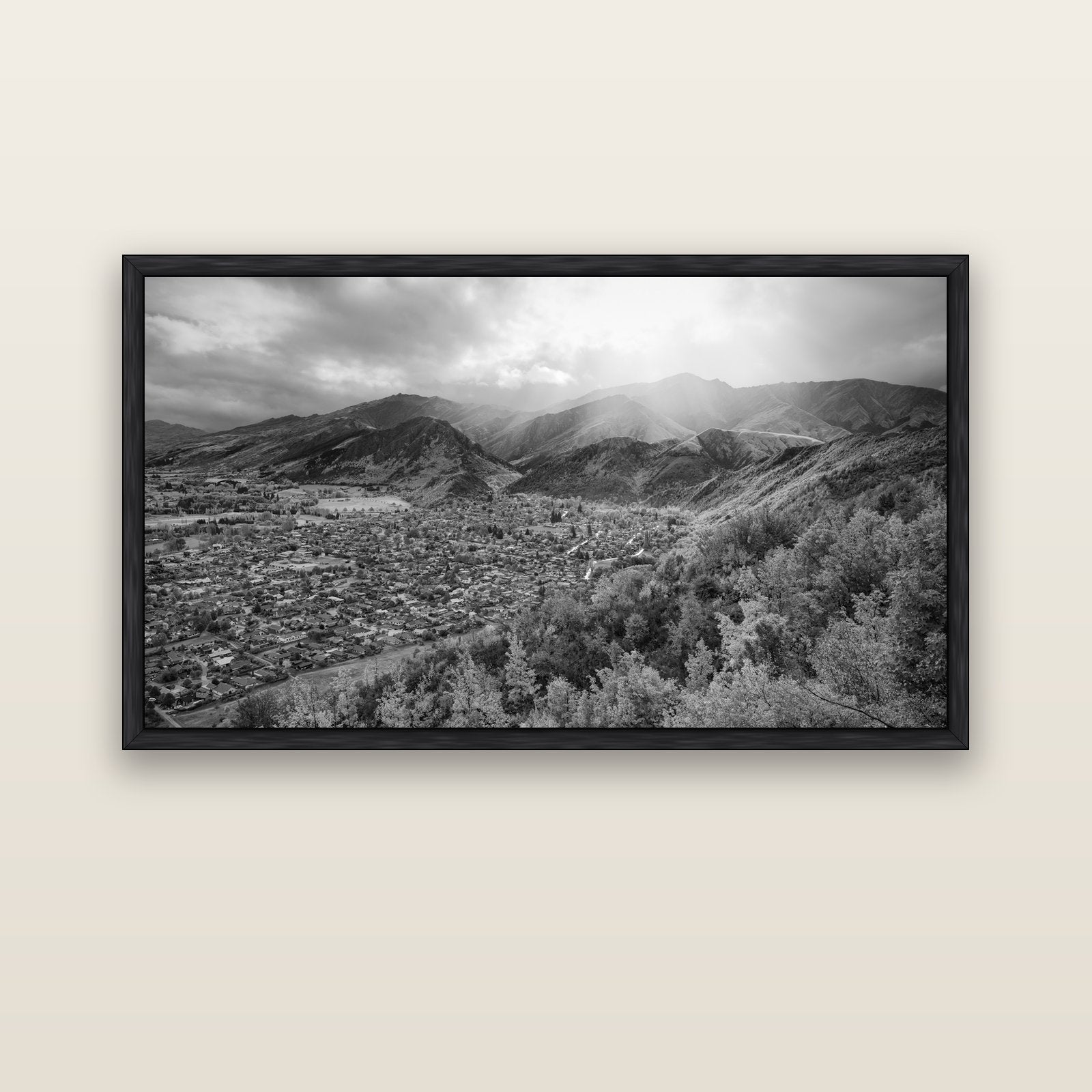 Light Over the Valley, Arrowtown — black float frame canvas, 152 × 86 cm. New Zealand fine art landscape wall art by Stephen Milner.