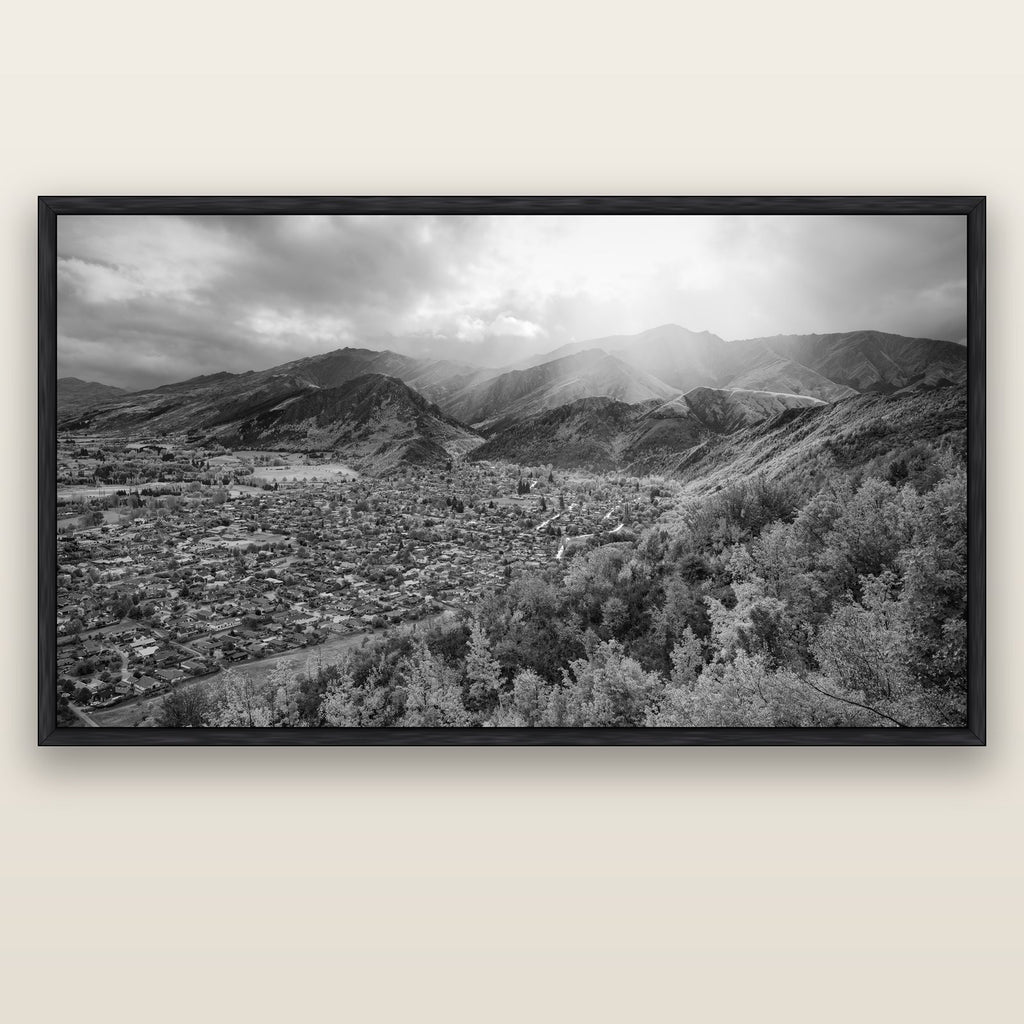 Light Over the Valley, Arrowtown — black float frame canvas, 200 × 130 cm. New Zealand fine art landscape wall art by Stephen Milner.