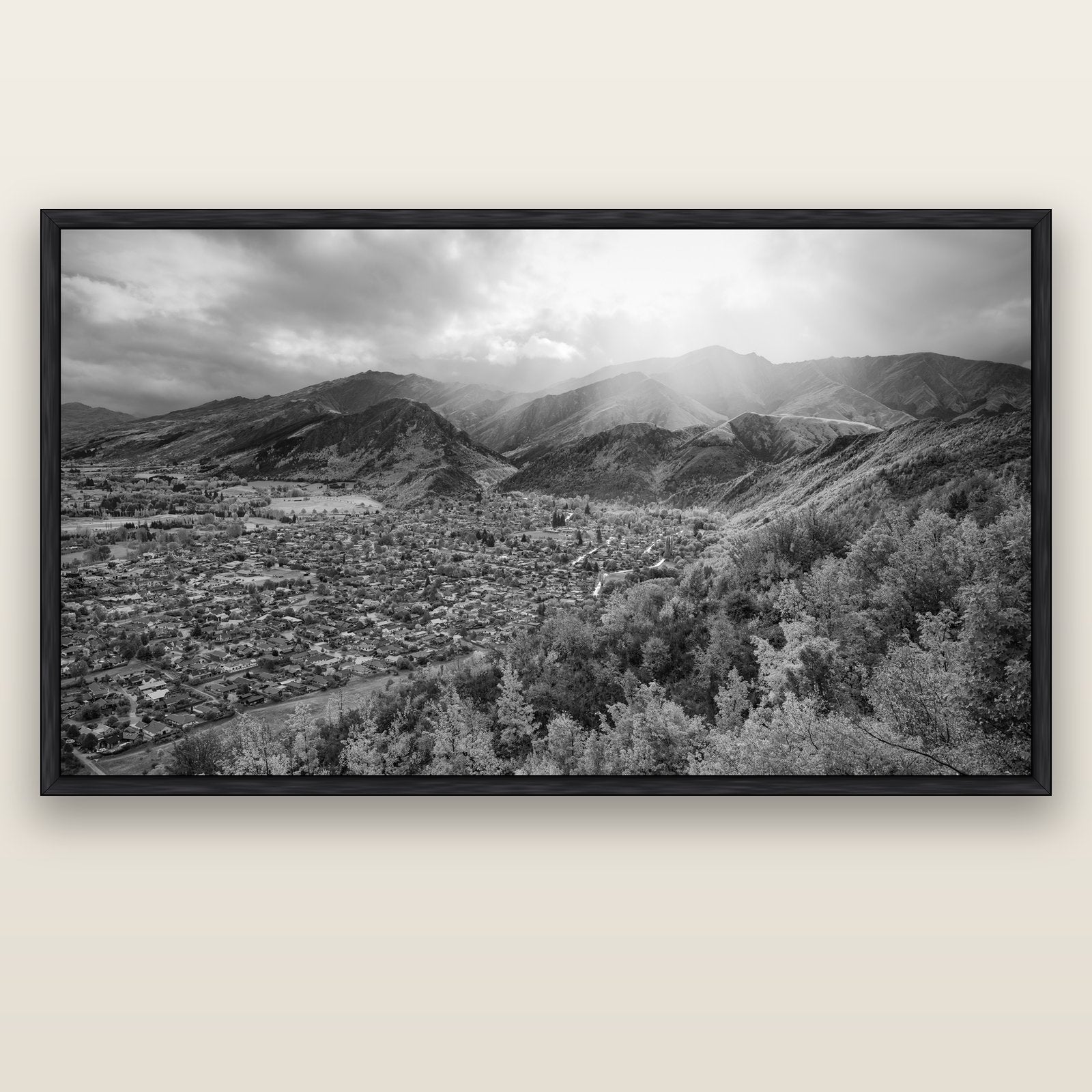 Light Over the Valley, Arrowtown — black float frame canvas, 200 × 130 cm. New Zealand fine art landscape wall art by Stephen Milner.