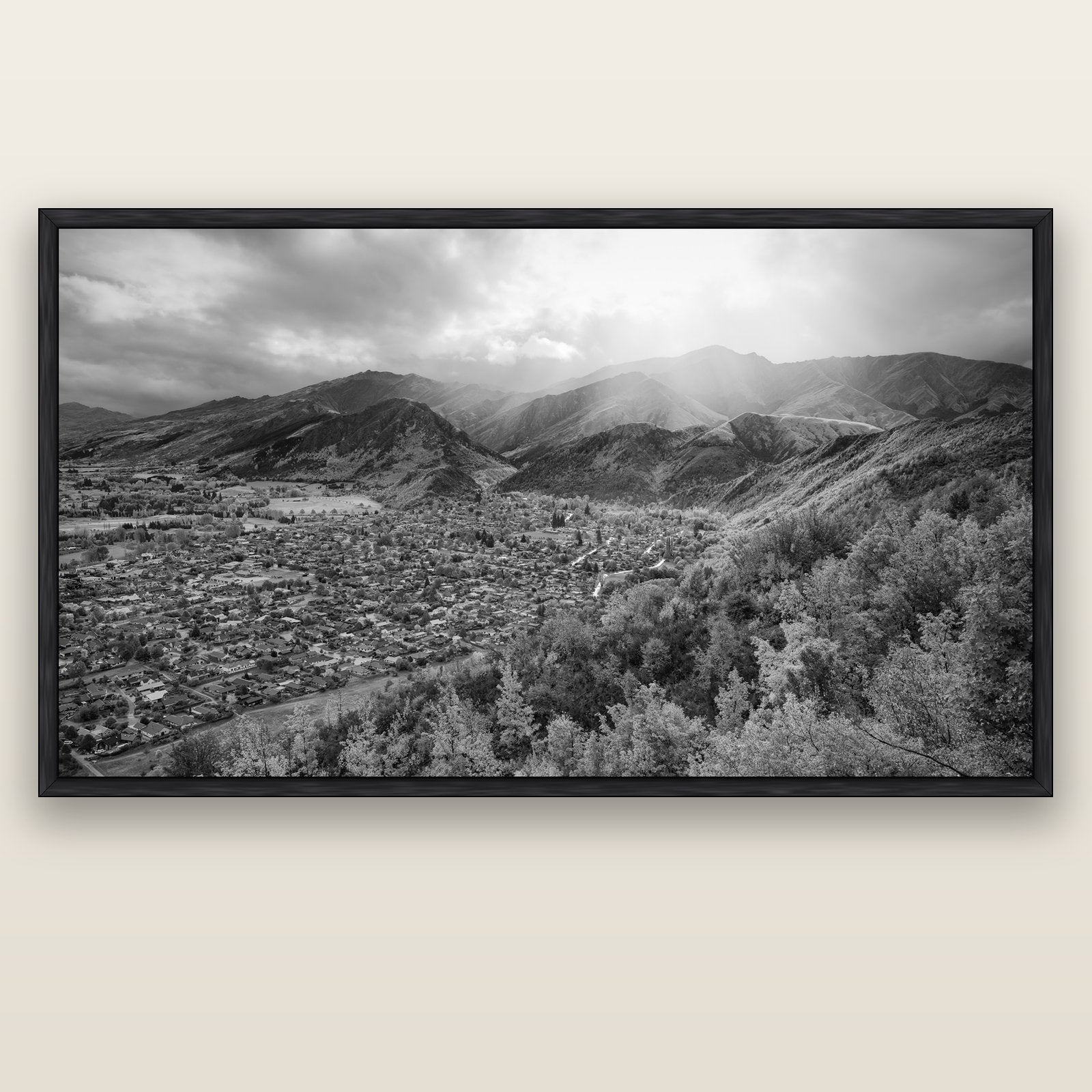 Light Over the Valley, Arrowtown — black float frame canvas, 201 × 99 cm. New Zealand fine art landscape wall art by Stephen Milner.