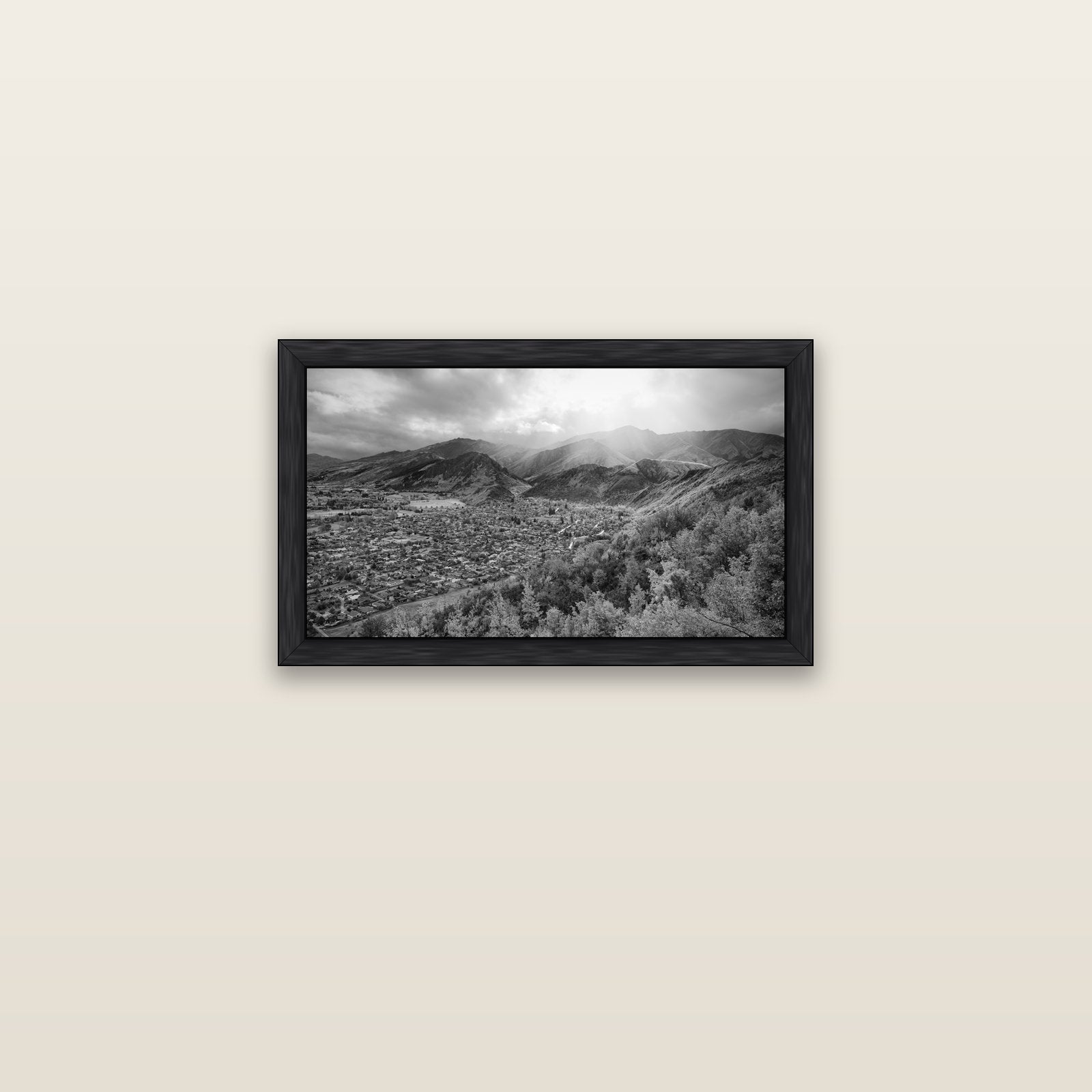 Light Over the Valley, Arrowtown — black float frame canvas, 61 × 36 cm. New Zealand fine art landscape wall art by Stephen Milner.