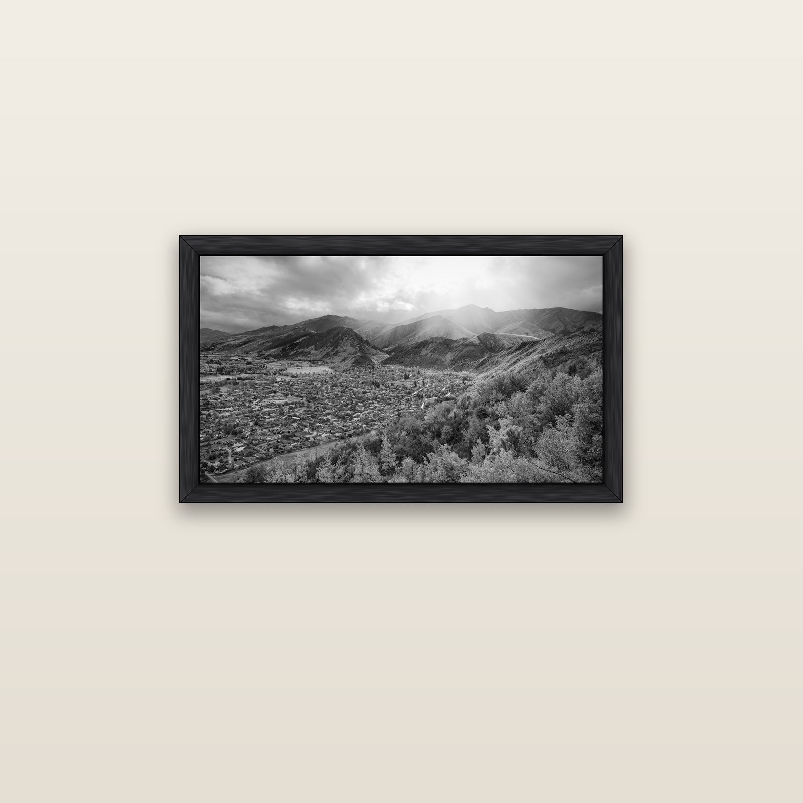Light Over the Valley, Arrowtown — black float frame canvas, 81 × 46 cm. New Zealand fine art landscape wall art by Stephen Milner.