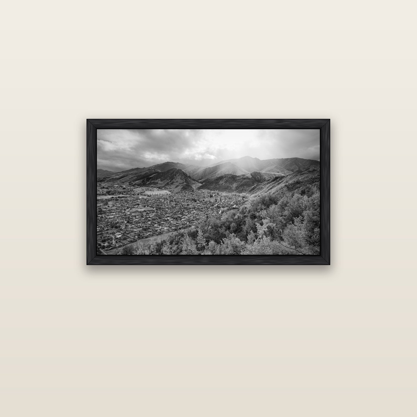 Light Over the Valley, Arrowtown — black float frame canvas, 91 × 51 cm. New Zealand fine art landscape wall art by Stephen Milner.
