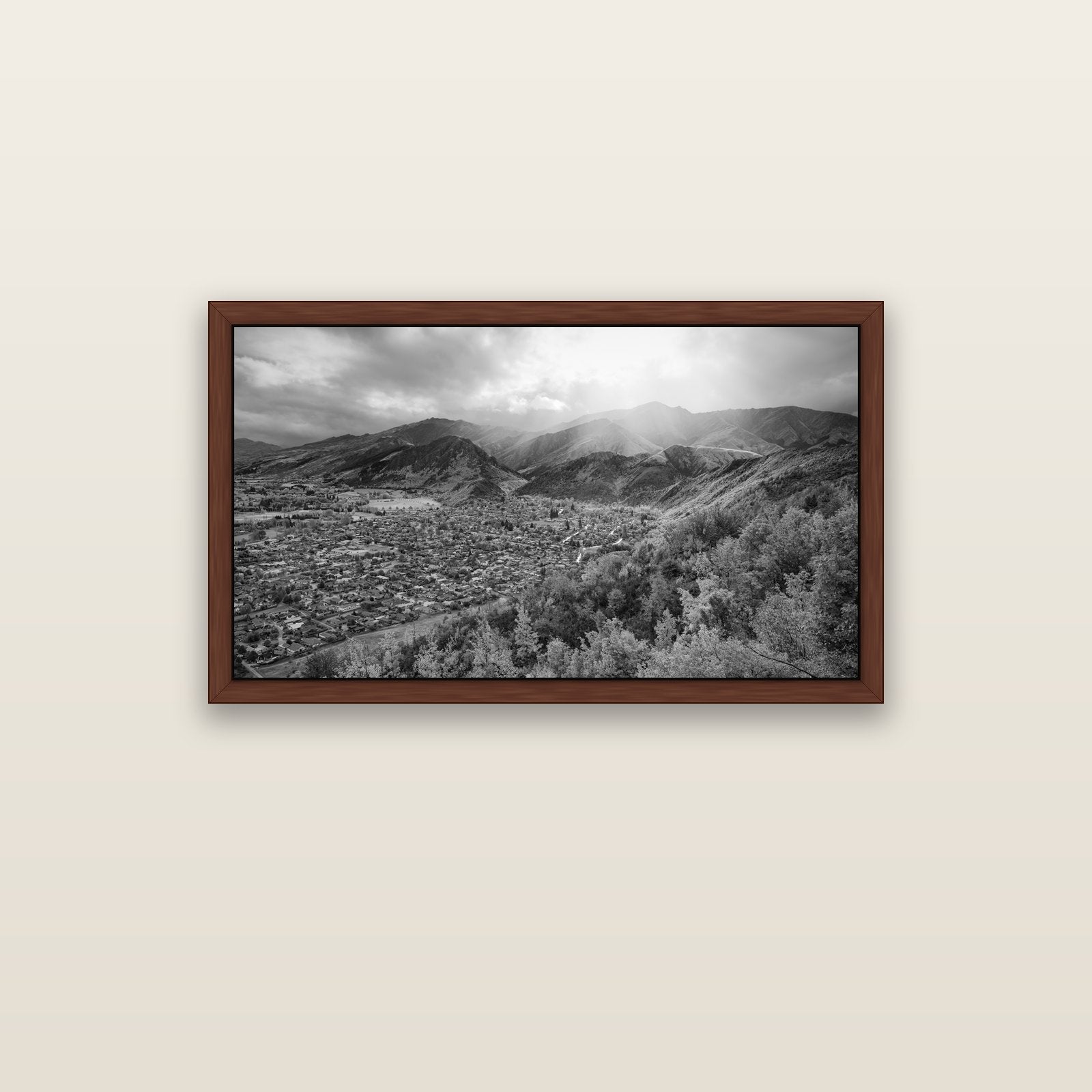Light Over the Valley, Arrowtown — brown float frame canvas, 102 × 56 cm. New Zealand fine art landscape wall art by Stephen Milner.