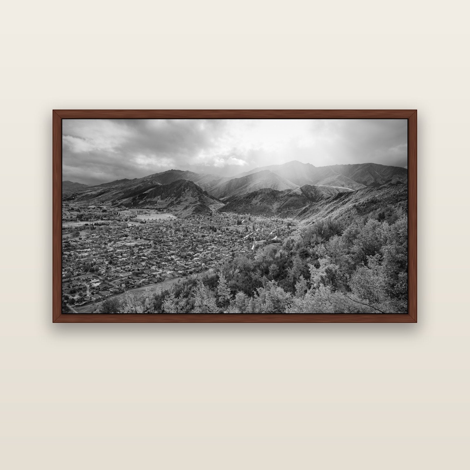 Light Over the Valley, Arrowtown — brown float frame canvas, 152 × 86 cm. New Zealand fine art landscape wall art by Stephen Milner.