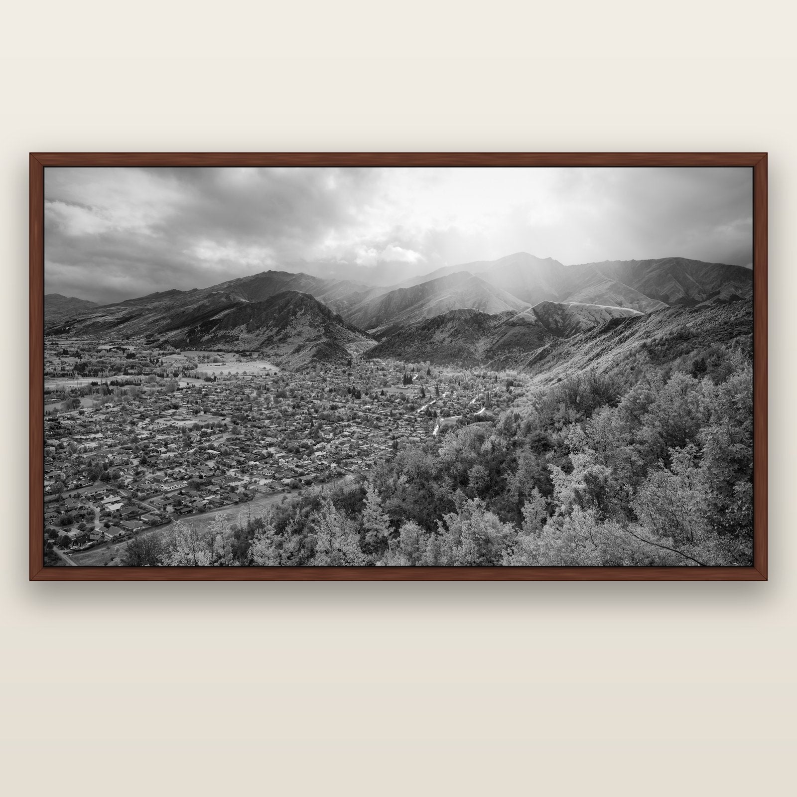 Light Over the Valley, Arrowtown — brown float frame canvas, 200 × 130 cm. New Zealand fine art landscape wall art by Stephen Milner.