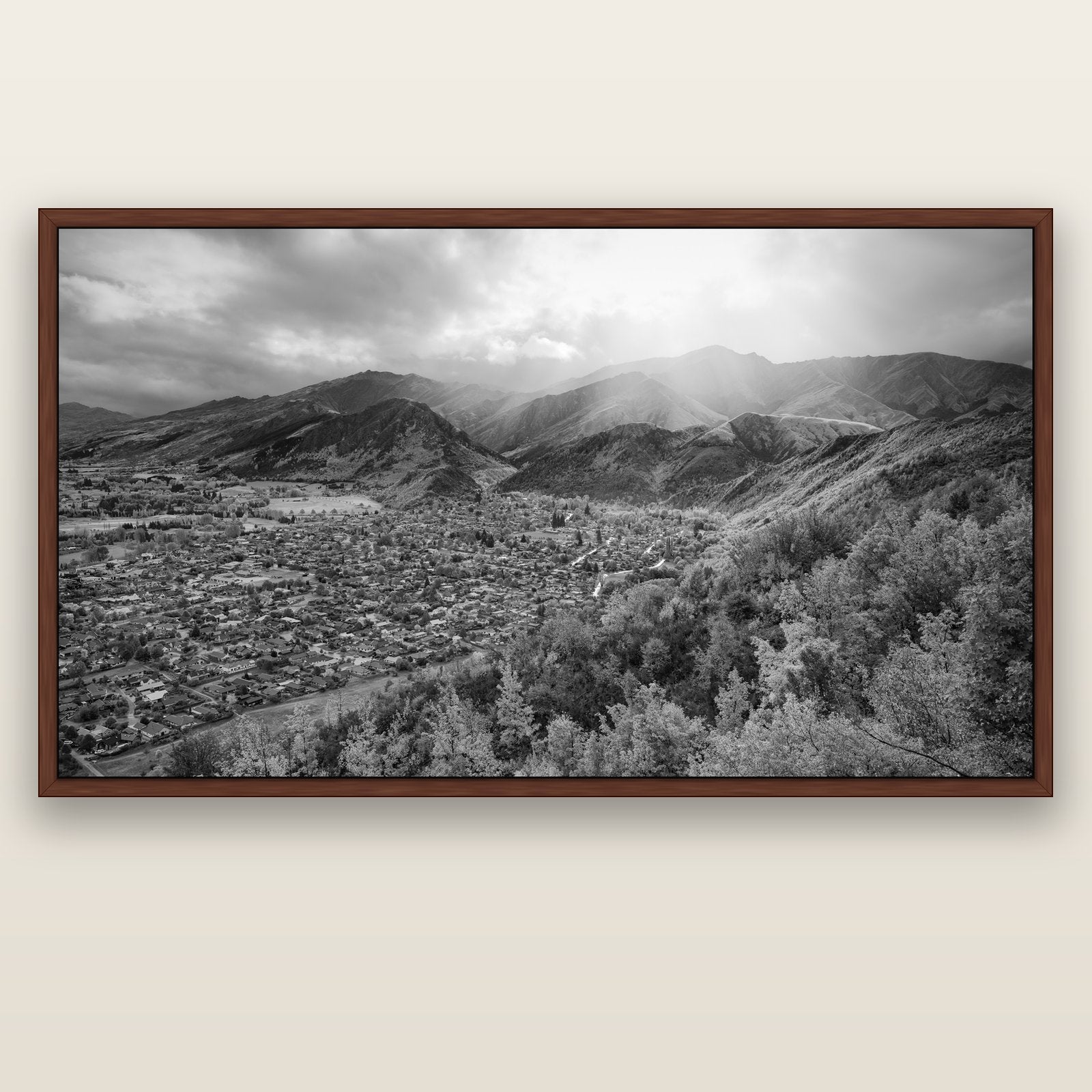 Light Over the Valley, Arrowtown — brown float frame canvas, 201 × 99 cm. New Zealand fine art landscape wall art by Stephen Milner.