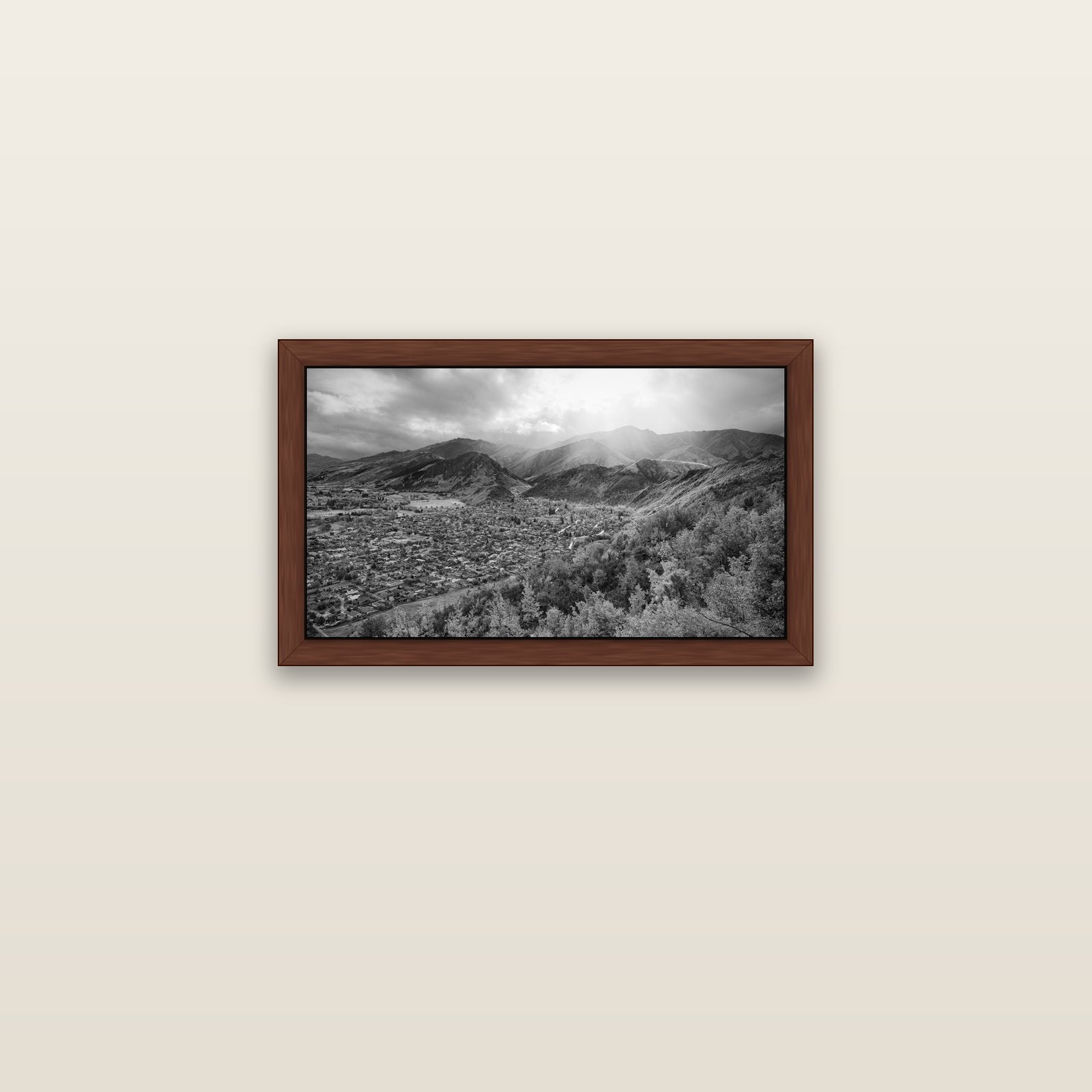 Light Over the Valley, Arrowtown — brown float frame canvas, 61 × 36 cm. New Zealand fine art landscape wall art by Stephen Milner.