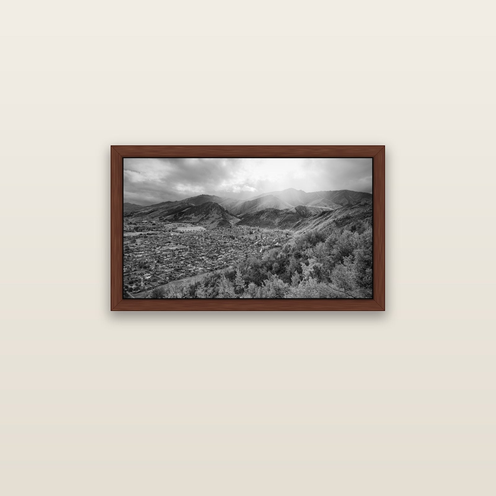 Light Over the Valley, Arrowtown — brown float frame canvas, 81 × 46 cm. New Zealand fine art landscape wall art by Stephen Milner.