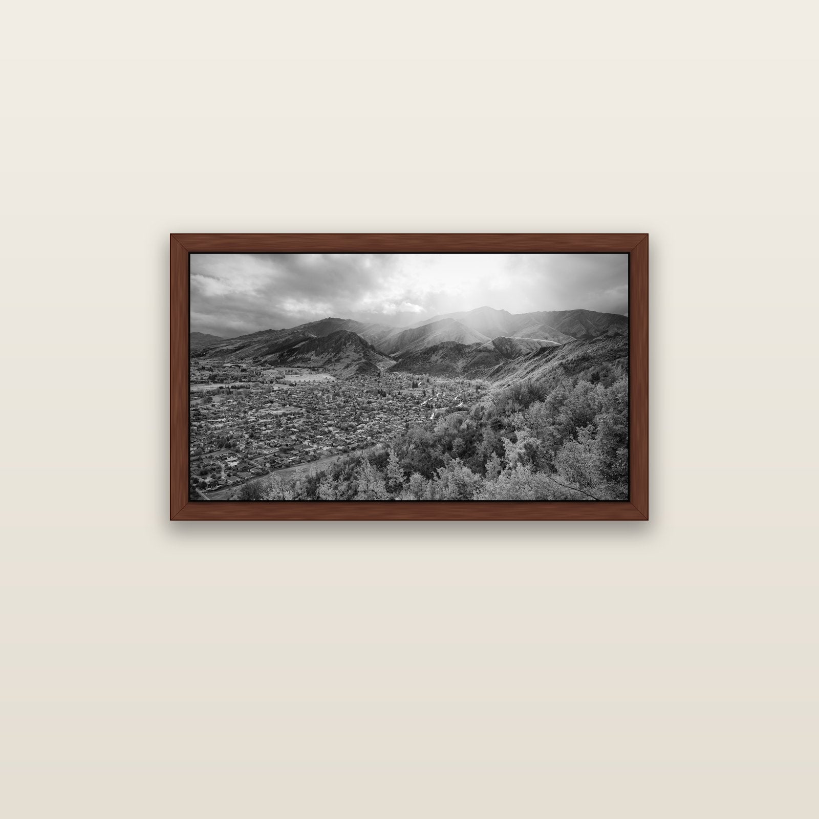 Light Over the Valley, Arrowtown — brown float frame canvas, 91 × 51 cm. New Zealand fine art landscape wall art by Stephen Milner.