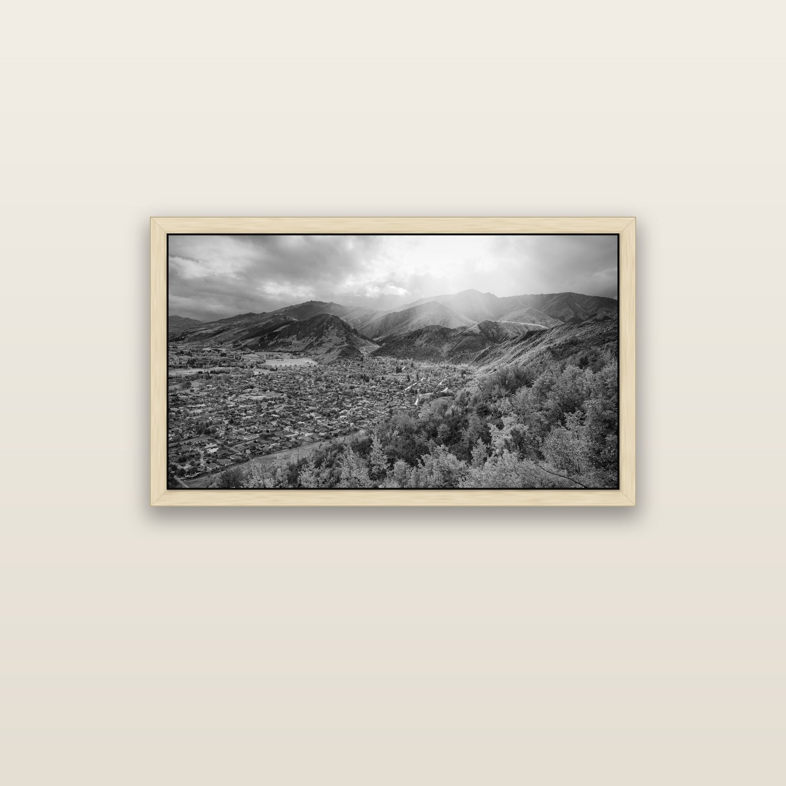 Light Over the Valley, Arrowtown — natural float frame canvas, 102 × 56 cm. New Zealand fine art landscape wall art by Stephen Milner.
