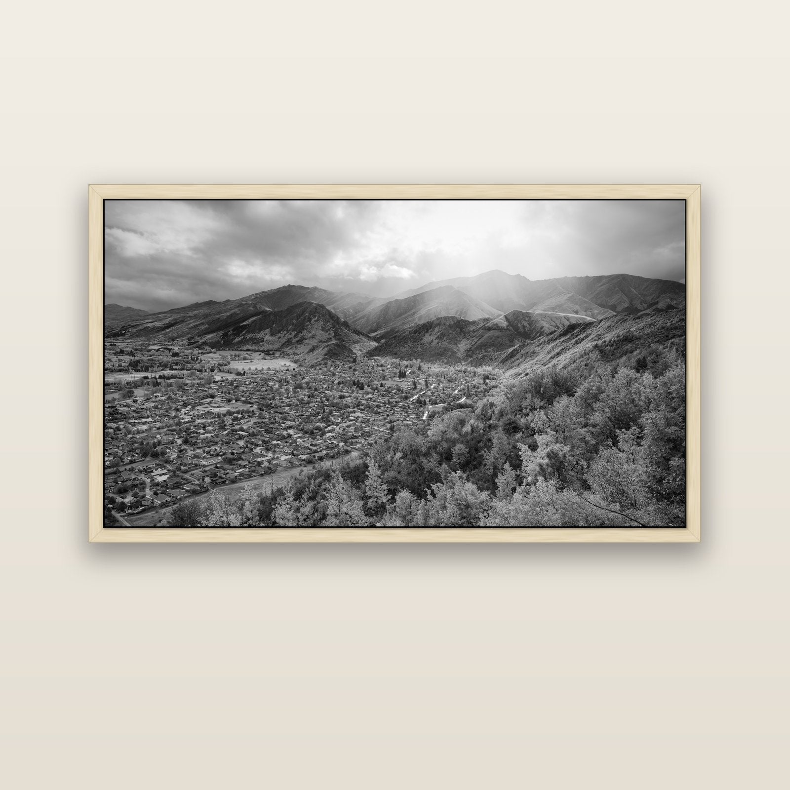 Light Over the Valley, Arrowtown — natural float frame canvas, 152 × 86 cm. New Zealand fine art landscape wall art by Stephen Milner.