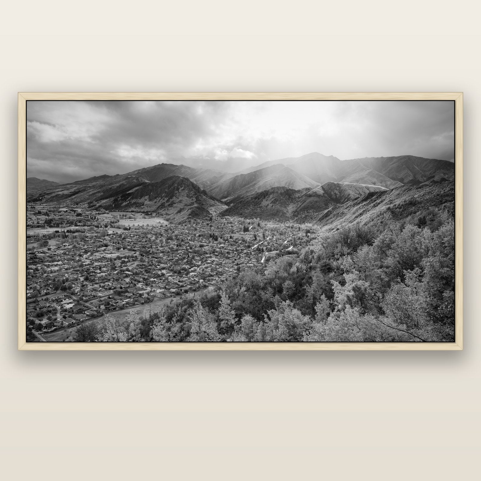 Light Over the Valley, Arrowtown — natural float frame canvas, 200 × 130 cm. New Zealand fine art landscape wall art by Stephen Milner.