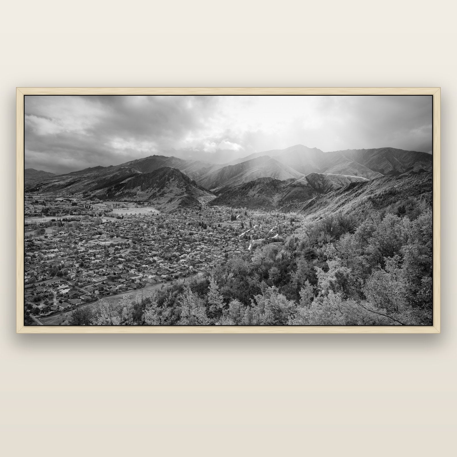 Light Over the Valley, Arrowtown — natural float frame canvas, 201 × 99 cm. New Zealand fine art landscape wall art by Stephen Milner.