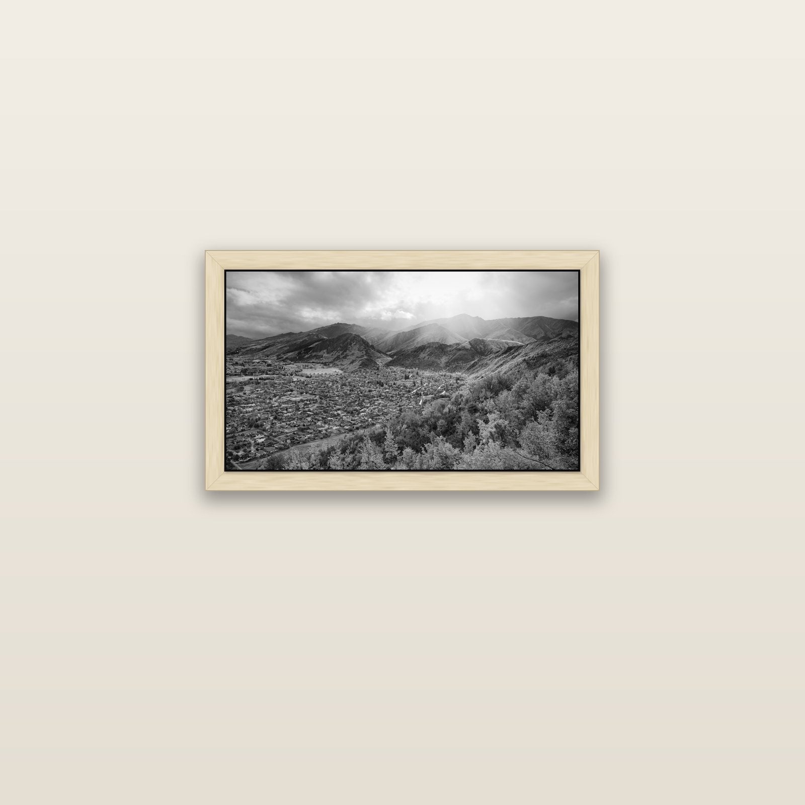 Light Over the Valley, Arrowtown — natural float frame canvas, 61 × 36 cm. New Zealand fine art landscape wall art by Stephen Milner.