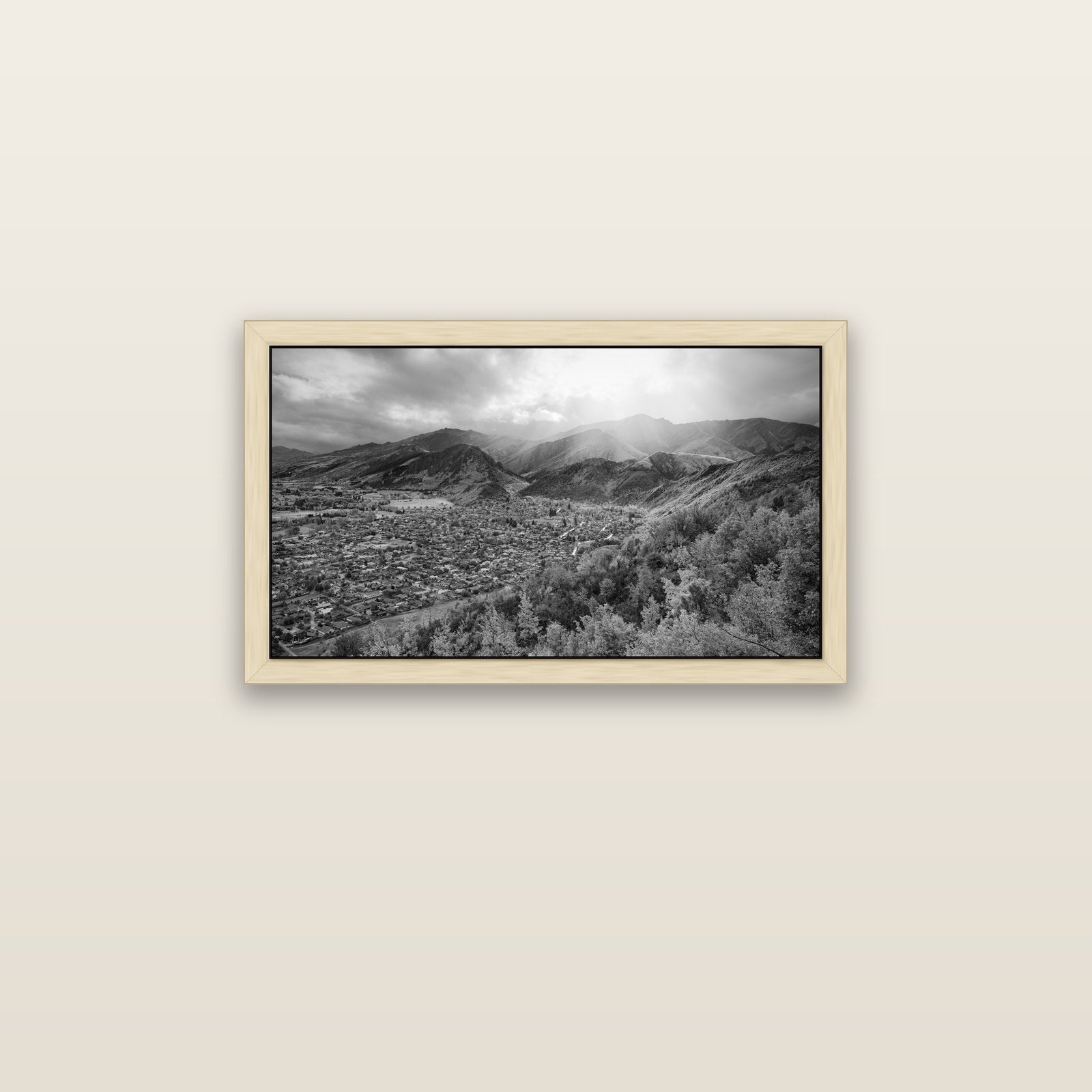 Light Over the Valley, Arrowtown — natural float frame canvas, 81 × 46 cm. New Zealand fine art landscape wall art by Stephen Milner.