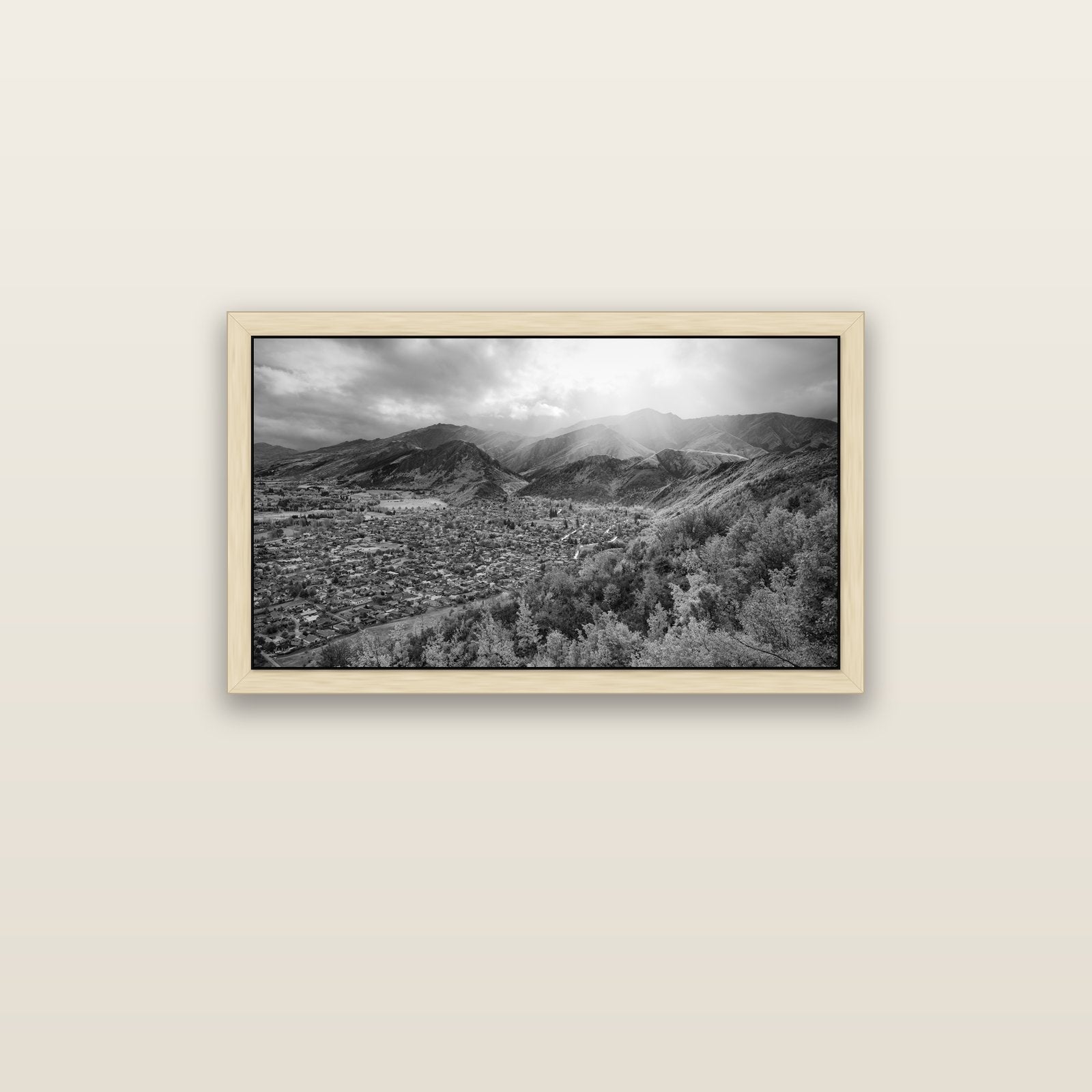 Light Over the Valley, Arrowtown — natural float frame canvas, 91 × 51 cm. New Zealand fine art landscape wall art by Stephen Milner.