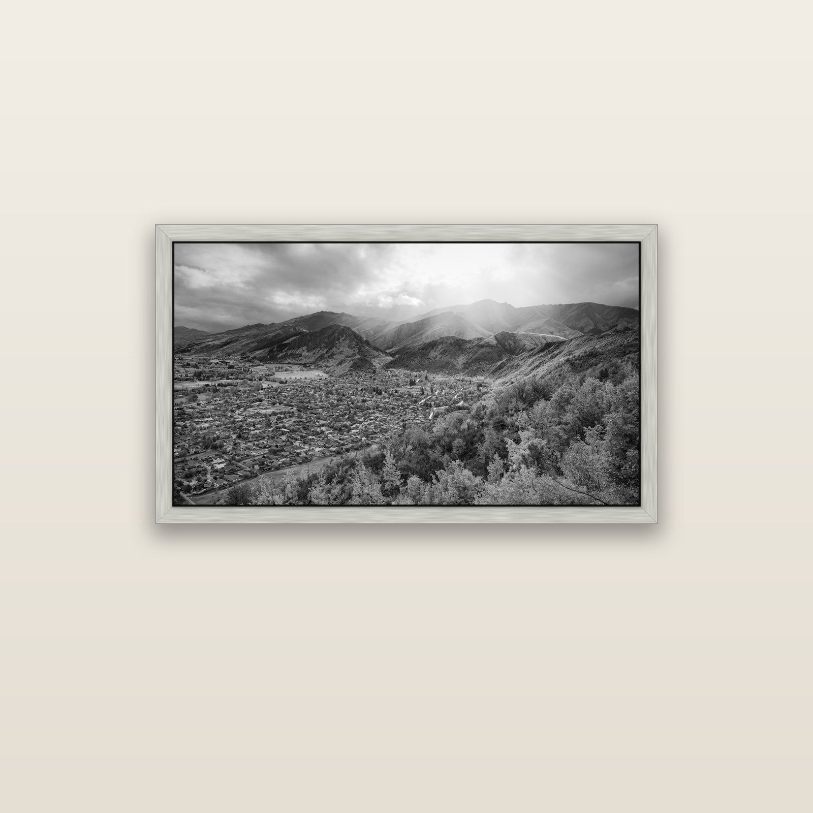 Light Over the Valley, Arrowtown — silver float frame canvas, 102 × 56 cm. New Zealand fine art landscape wall art by Stephen Milner.