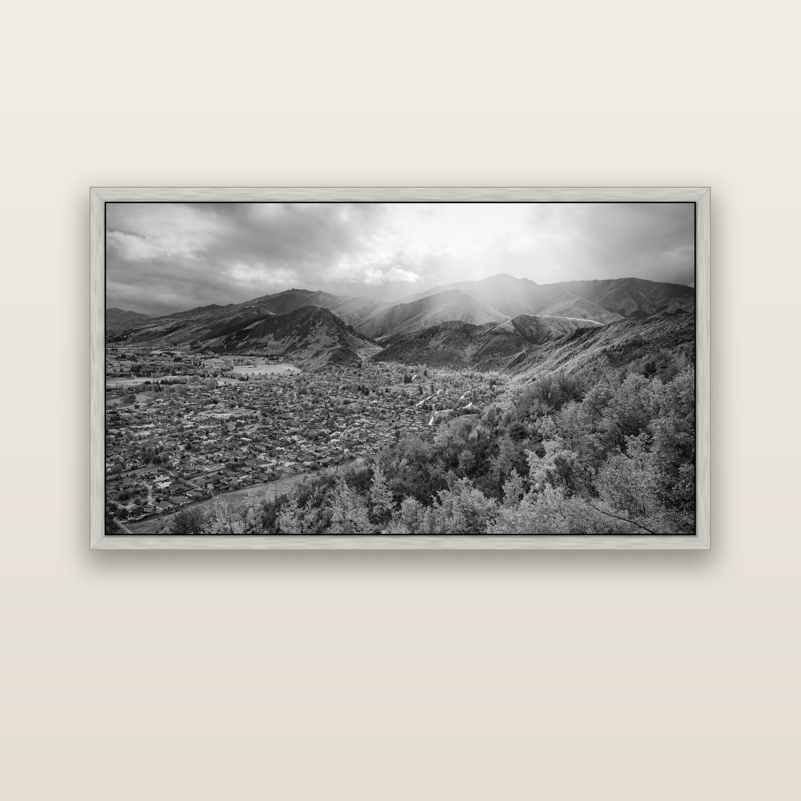 Light Over the Valley, Arrowtown — silver float frame canvas, 152 × 86 cm. New Zealand fine art landscape wall art by Stephen Milner.