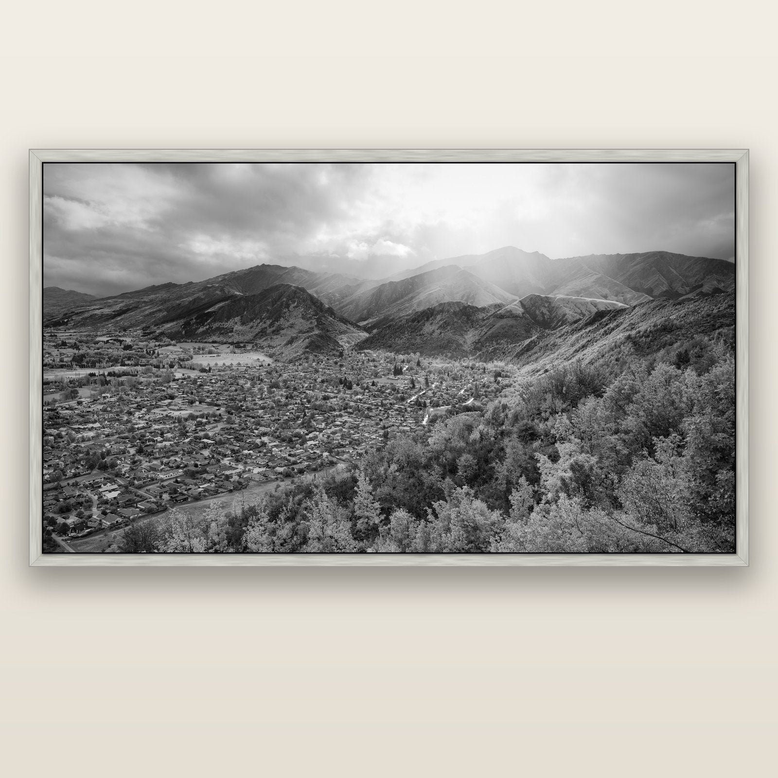 Light Over the Valley, Arrowtown — silver float frame canvas, 200 × 130 cm. New Zealand fine art landscape wall art by Stephen Milner.