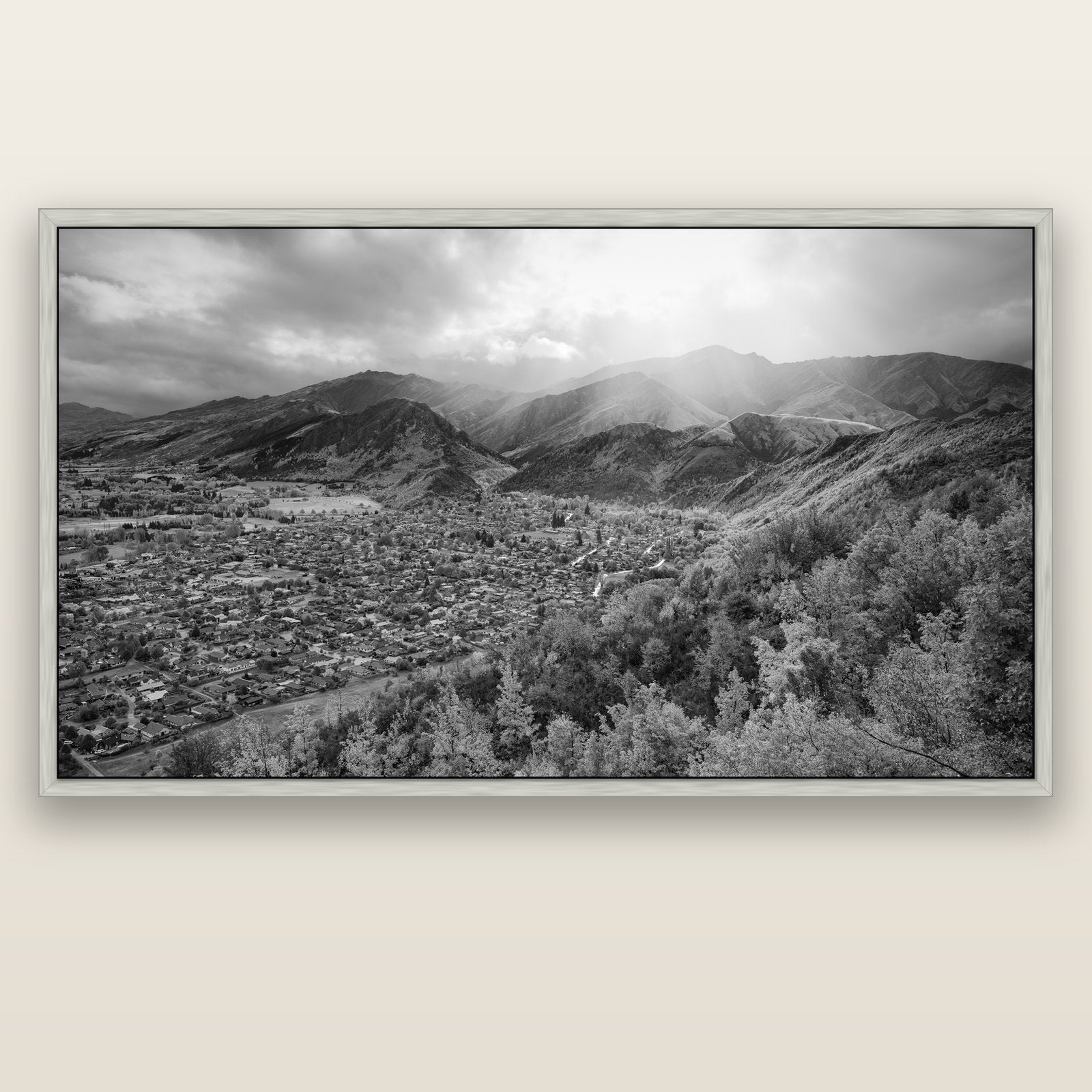 Light Over the Valley, Arrowtown — silver float frame canvas, 201 × 99 cm. New Zealand fine art landscape wall art by Stephen Milner.