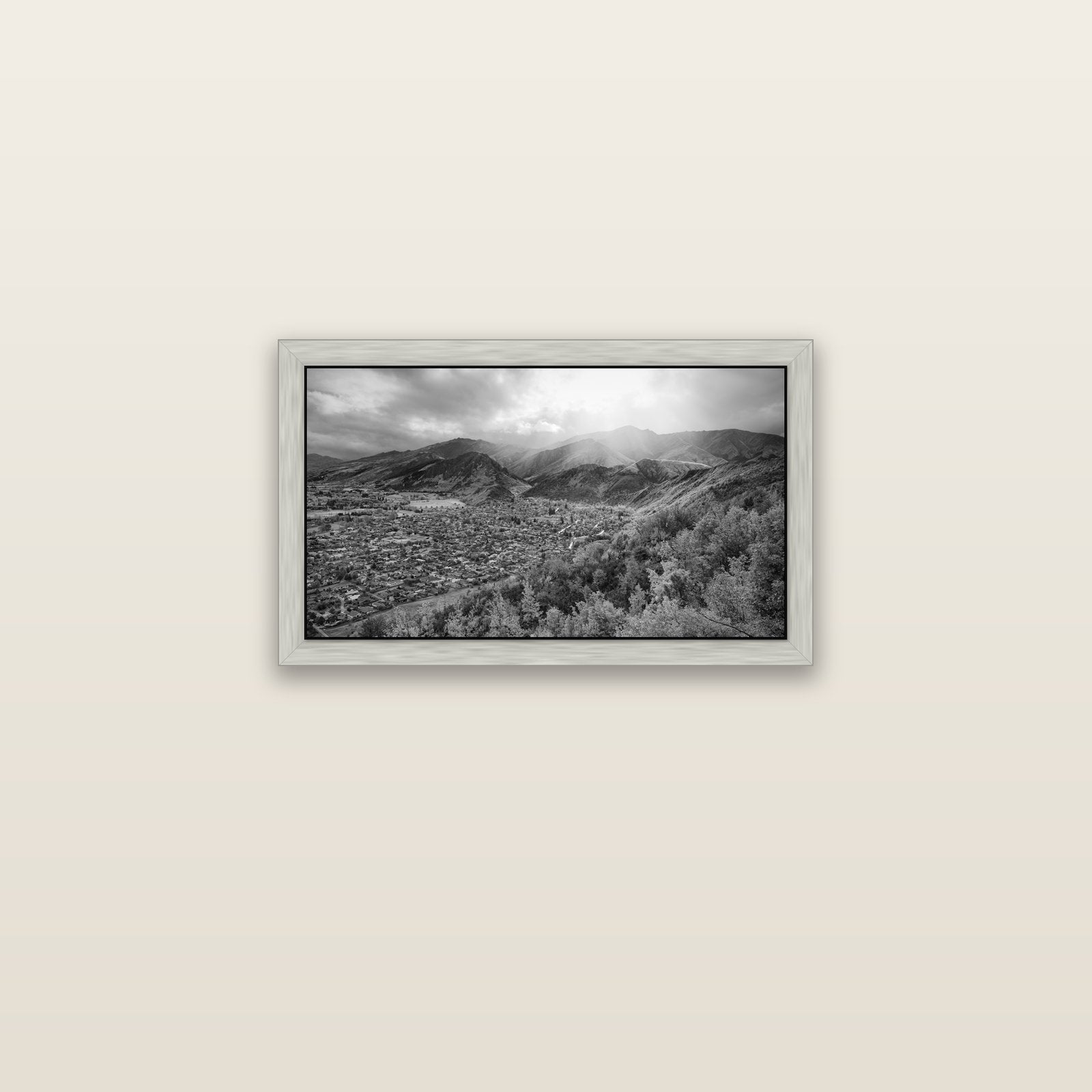 Light Over the Valley, Arrowtown — silver float frame canvas, 61 × 36 cm. New Zealand fine art landscape wall art by Stephen Milner.