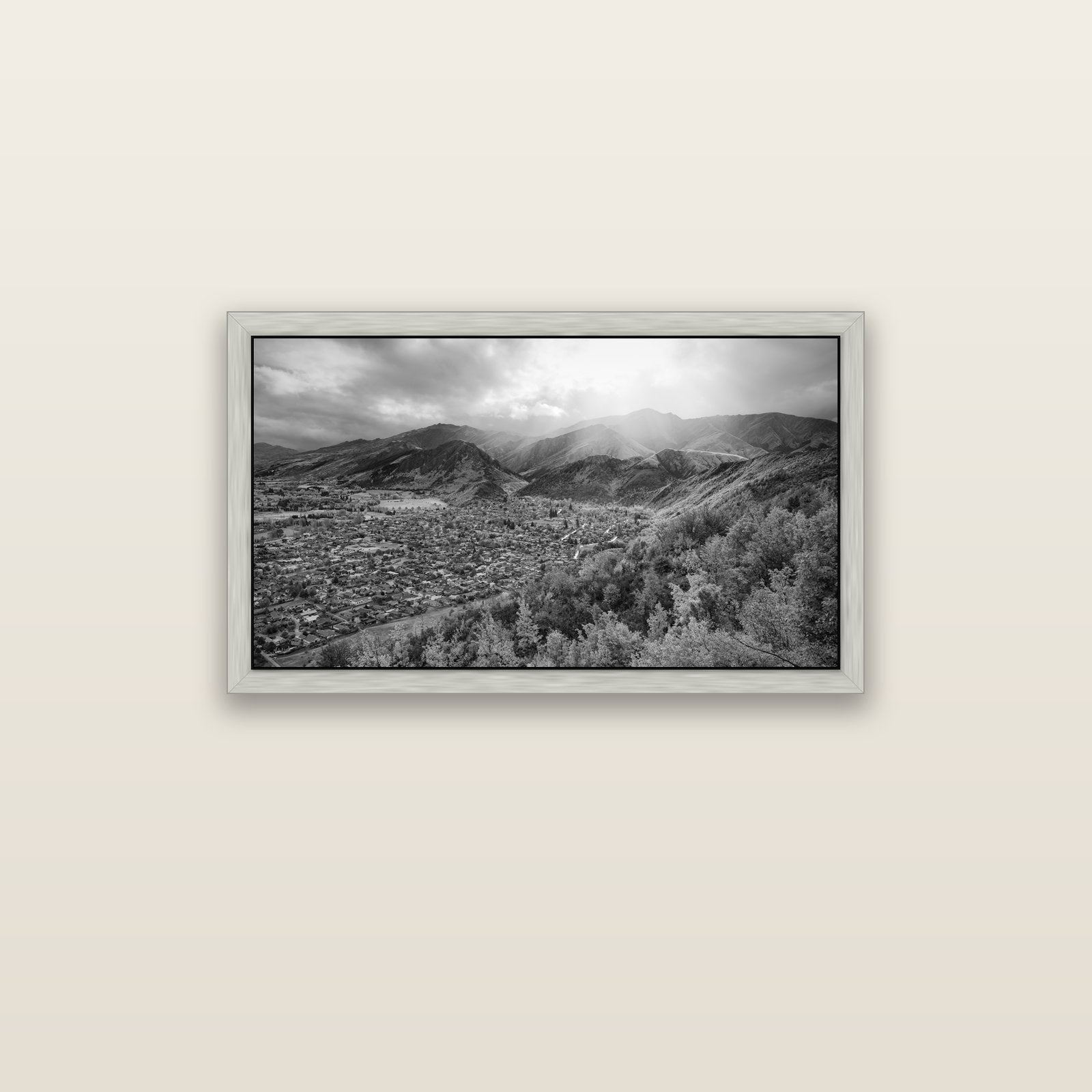 Light Over the Valley, Arrowtown — silver float frame canvas, 91 × 51 cm. New Zealand fine art landscape wall art by Stephen Milner.