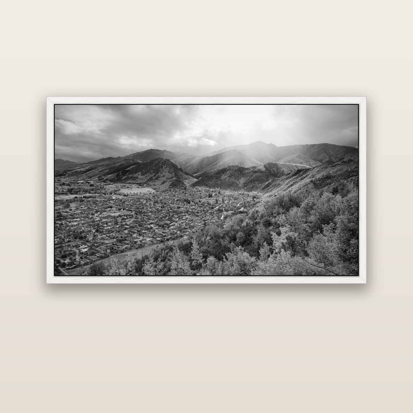 Light Over the Valley, Arrowtown — white float frame canvas, 152 × 86 cm. New Zealand fine art landscape wall art by Stephen Milner.