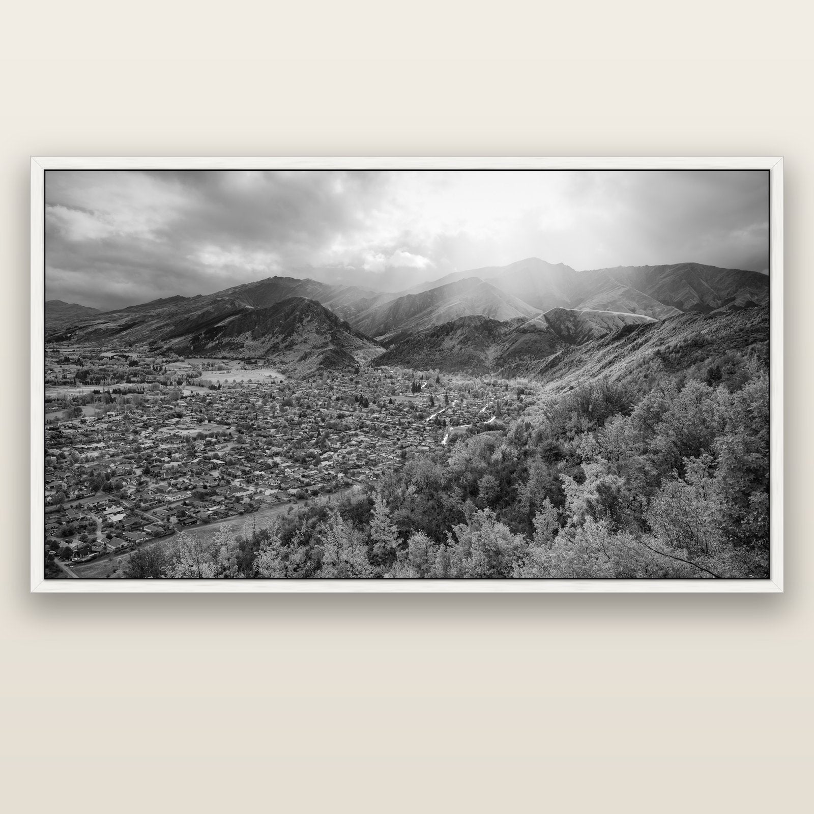 Light Over the Valley, Arrowtown — white float frame canvas, 200 × 130 cm. New Zealand fine art landscape wall art by Stephen Milner.