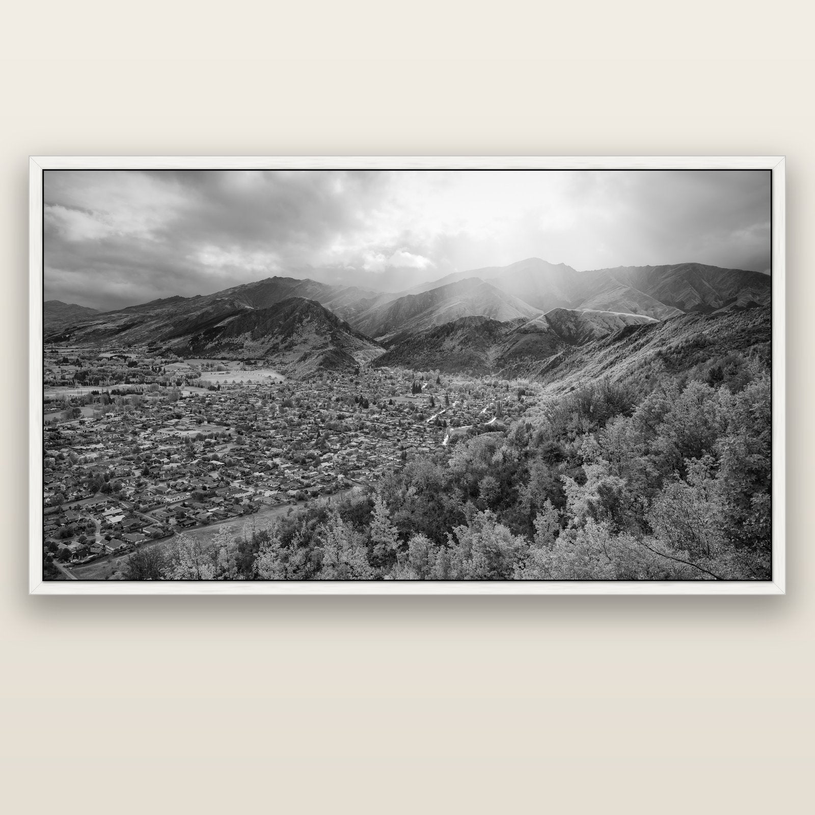 Light Over the Valley, Arrowtown — white float frame canvas, 201 × 99 cm. New Zealand fine art landscape wall art by Stephen Milner.