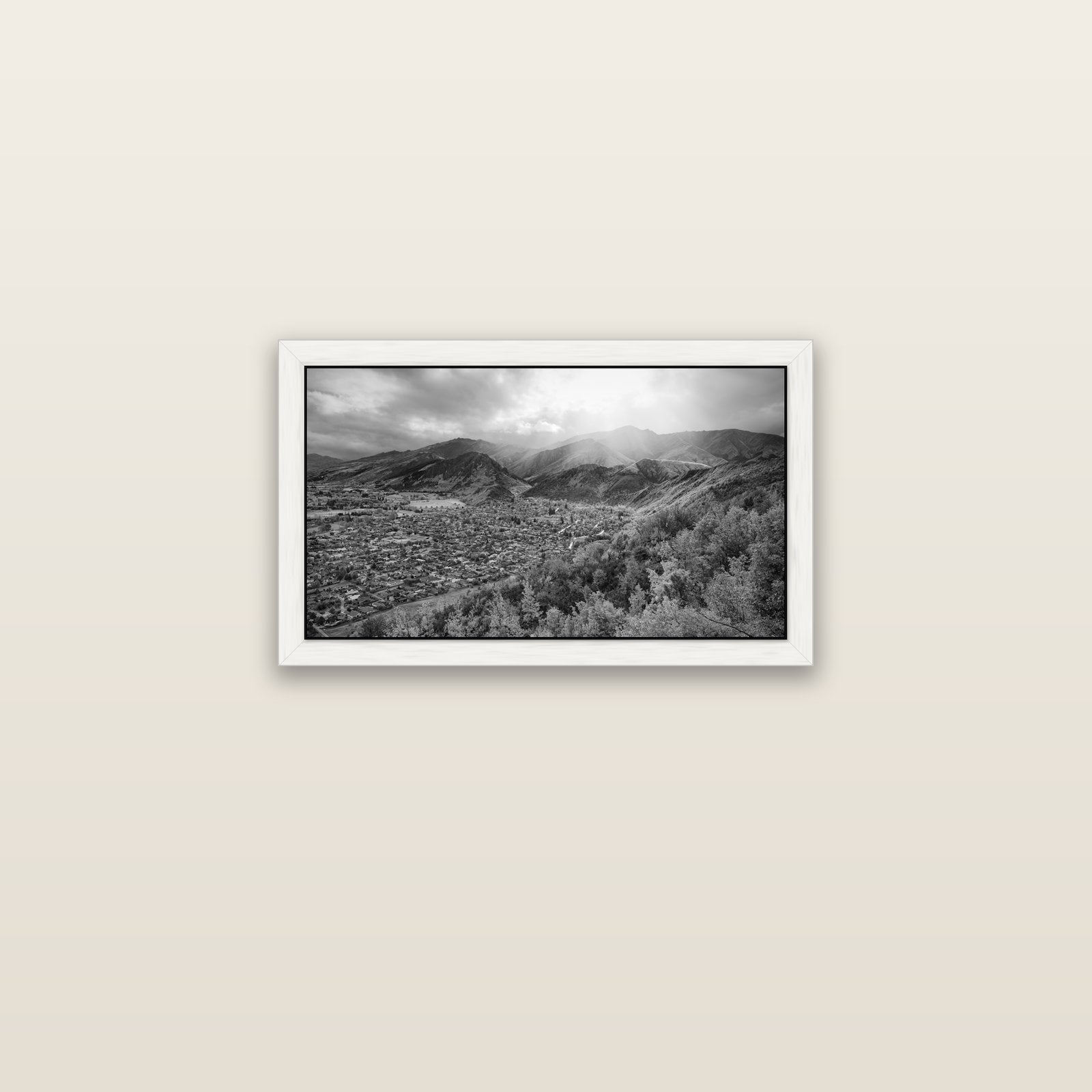 Light Over the Valley, Arrowtown — white float frame canvas, 61 × 36 cm. New Zealand fine art landscape wall art by Stephen Milner.