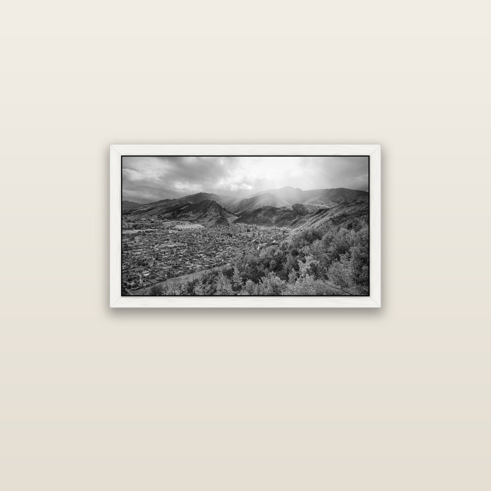Light Over the Valley, Arrowtown — white float frame canvas, 81 × 46 cm. New Zealand fine art landscape wall art by Stephen Milner.